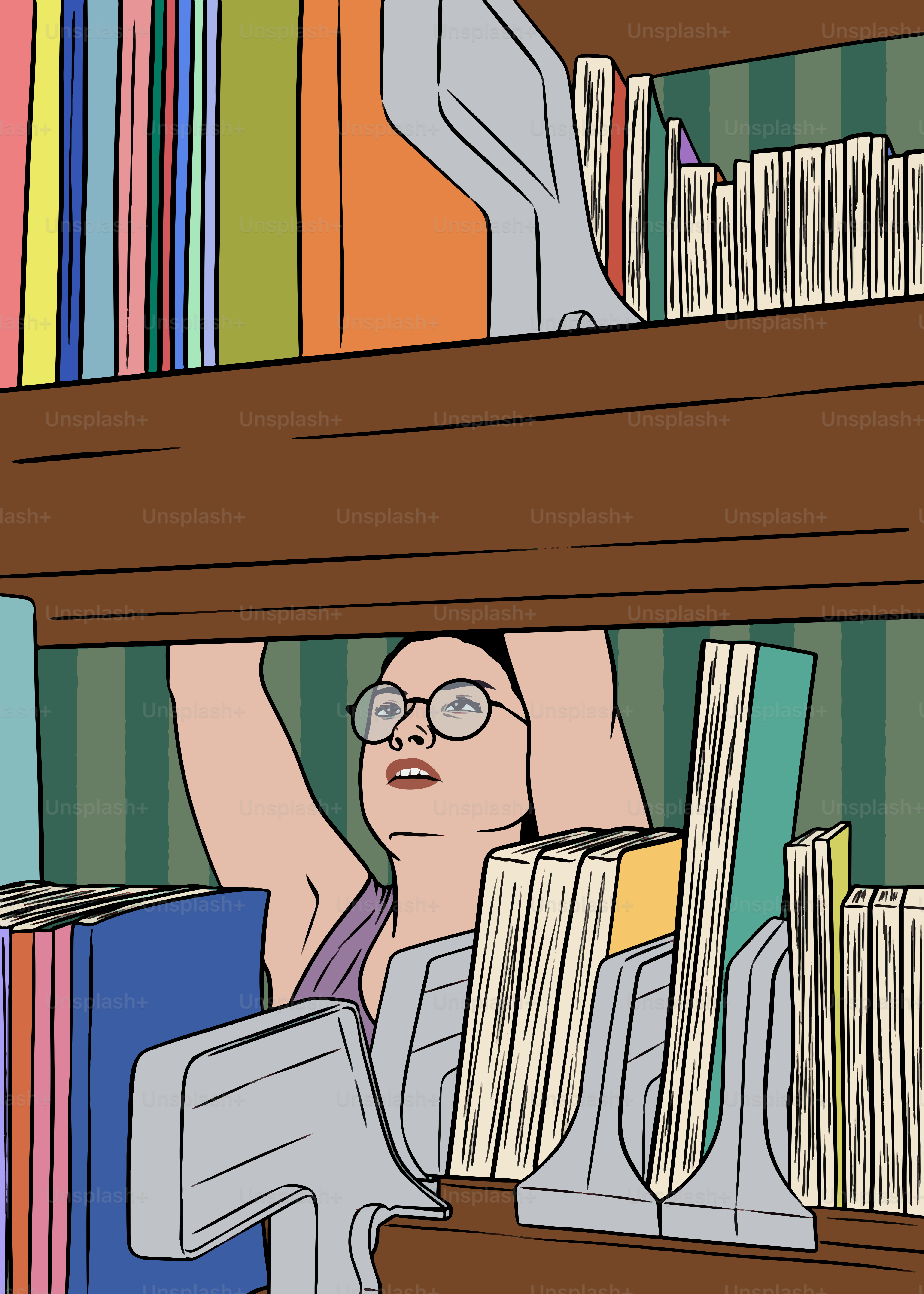 Wanita meraih sebuah buku di rak buku.
