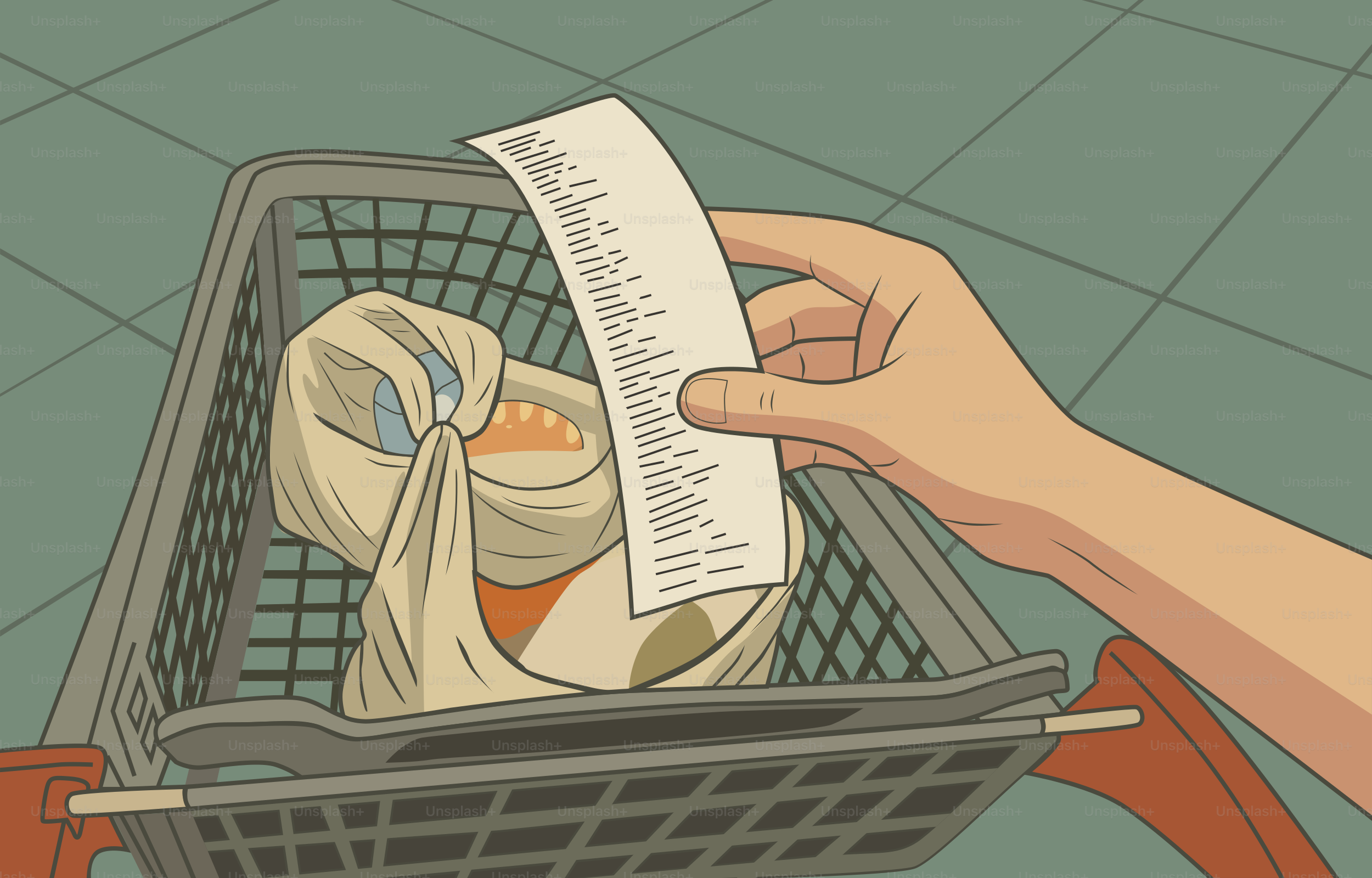 Une main examine un reçu d’épicerie dans un chariot.