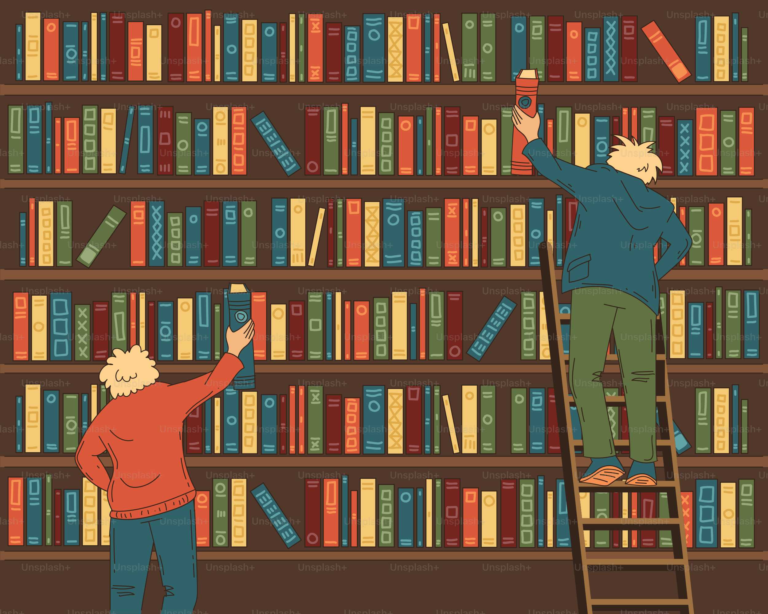 As pessoas estão colocando livros em uma estante.