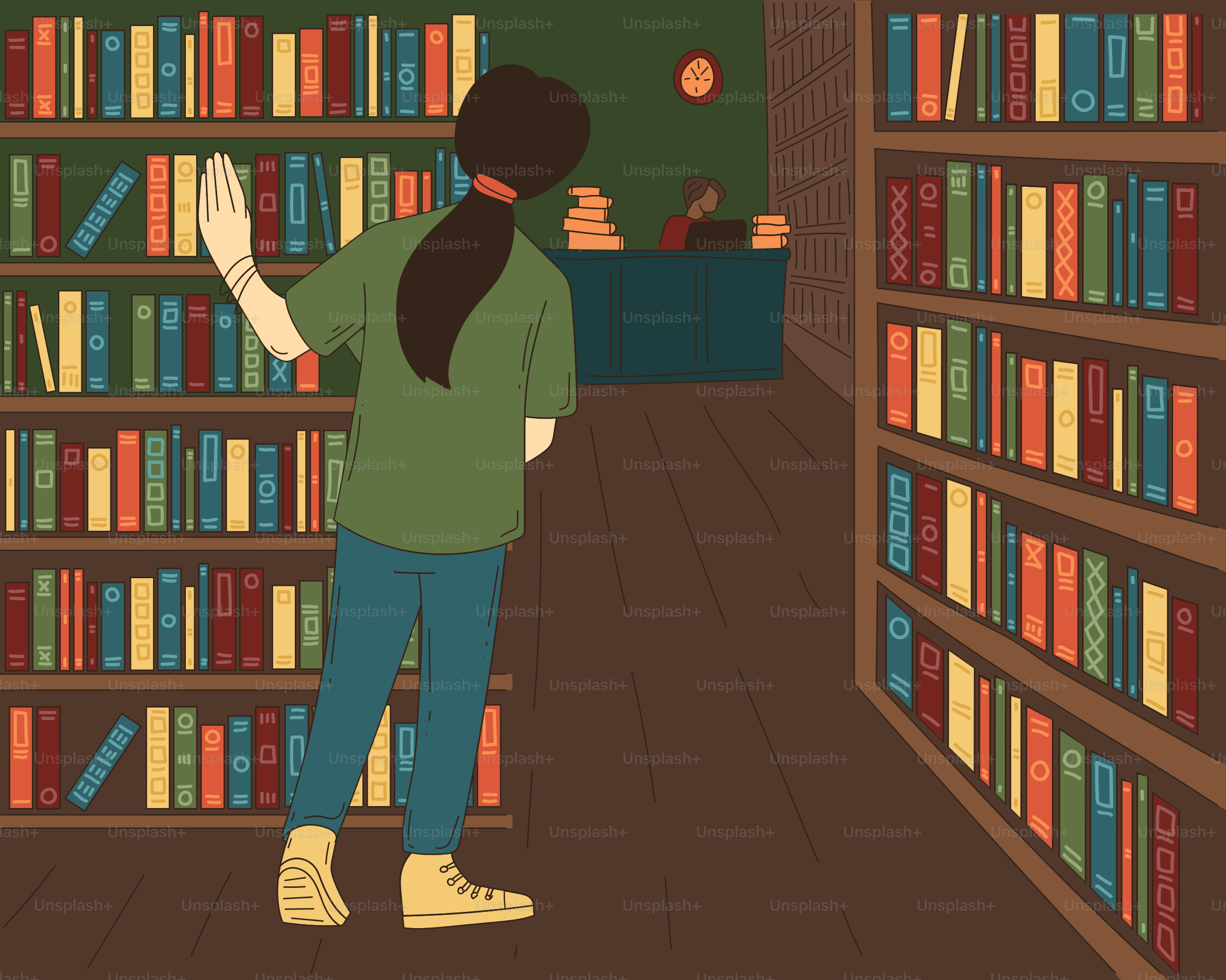 Une personne feuillette les étagères d’une bibliothèque.