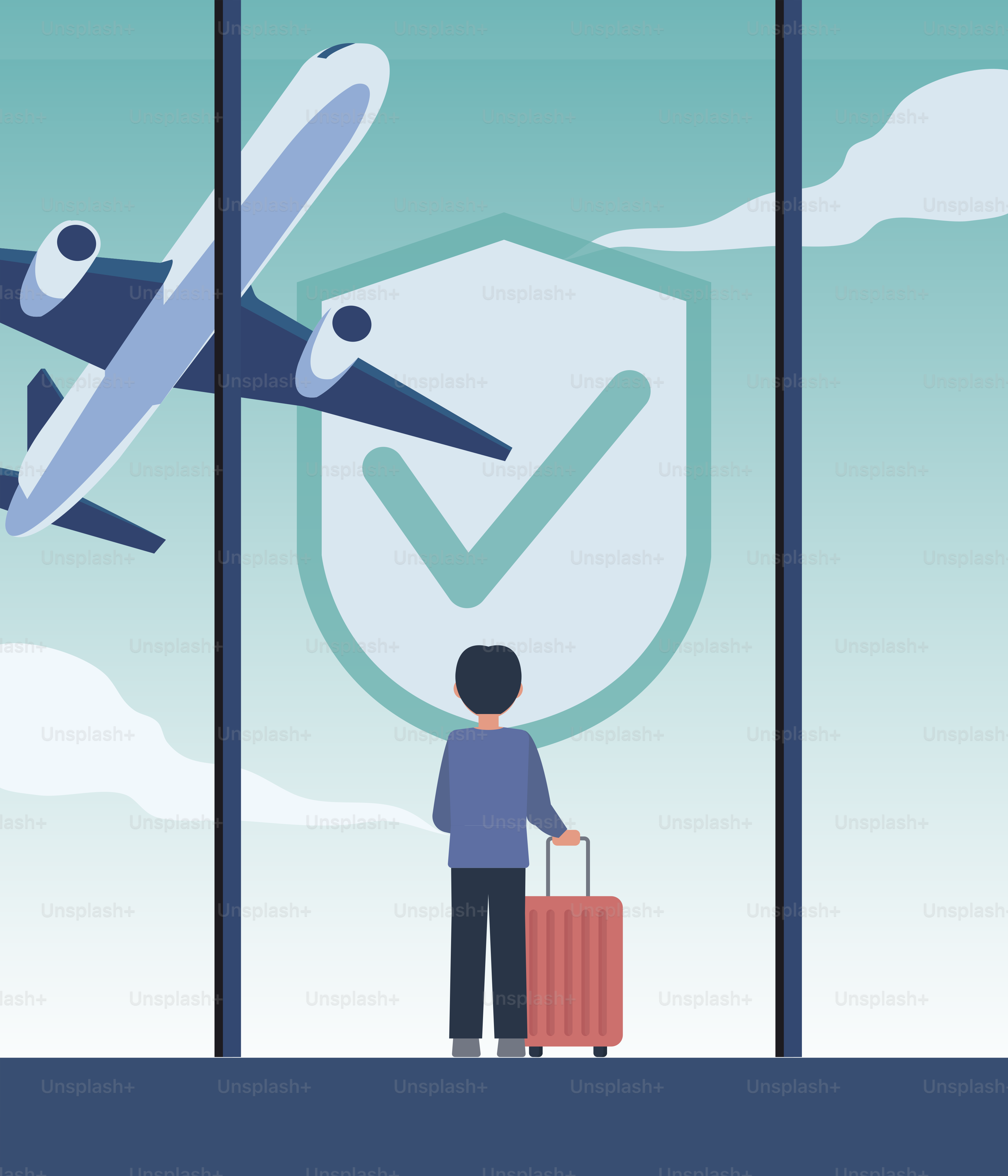 Traveler waiting by window, plane taking off.