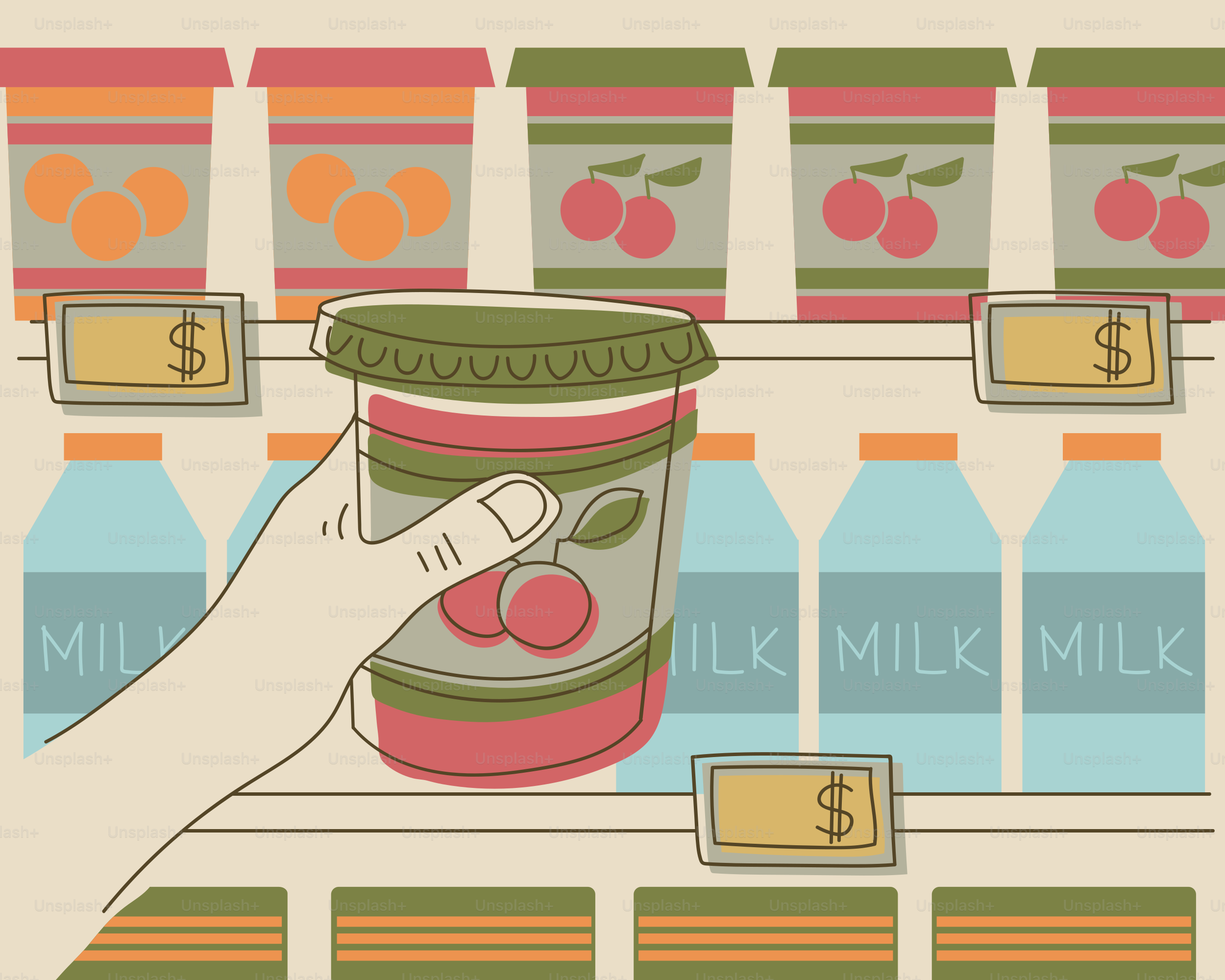 A hand reaches for jam in a grocery store.