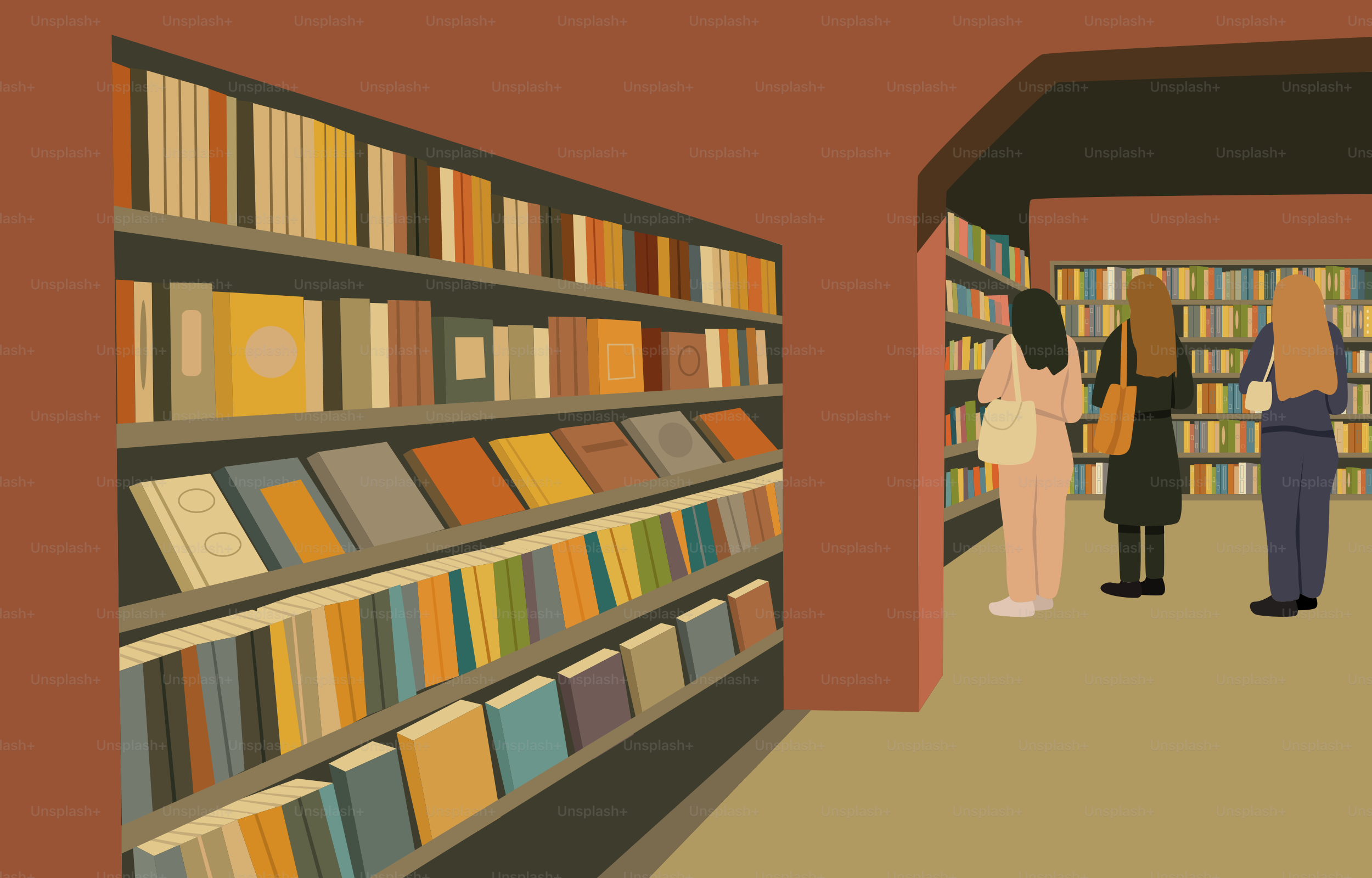 Le persone sfogliano libri in una biblioteca accogliente e dai toni marroni.