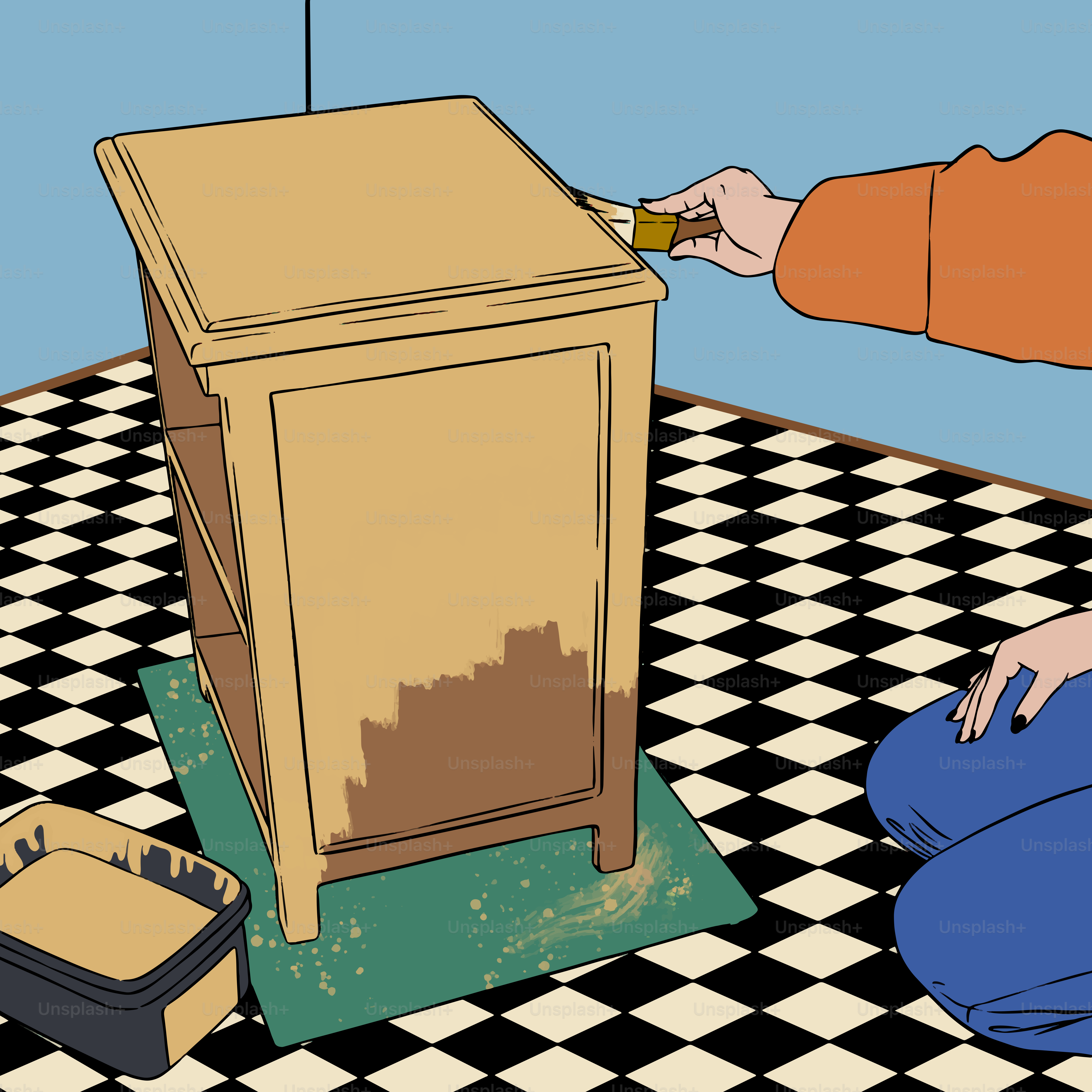 Someone is painting a cabinet brown.