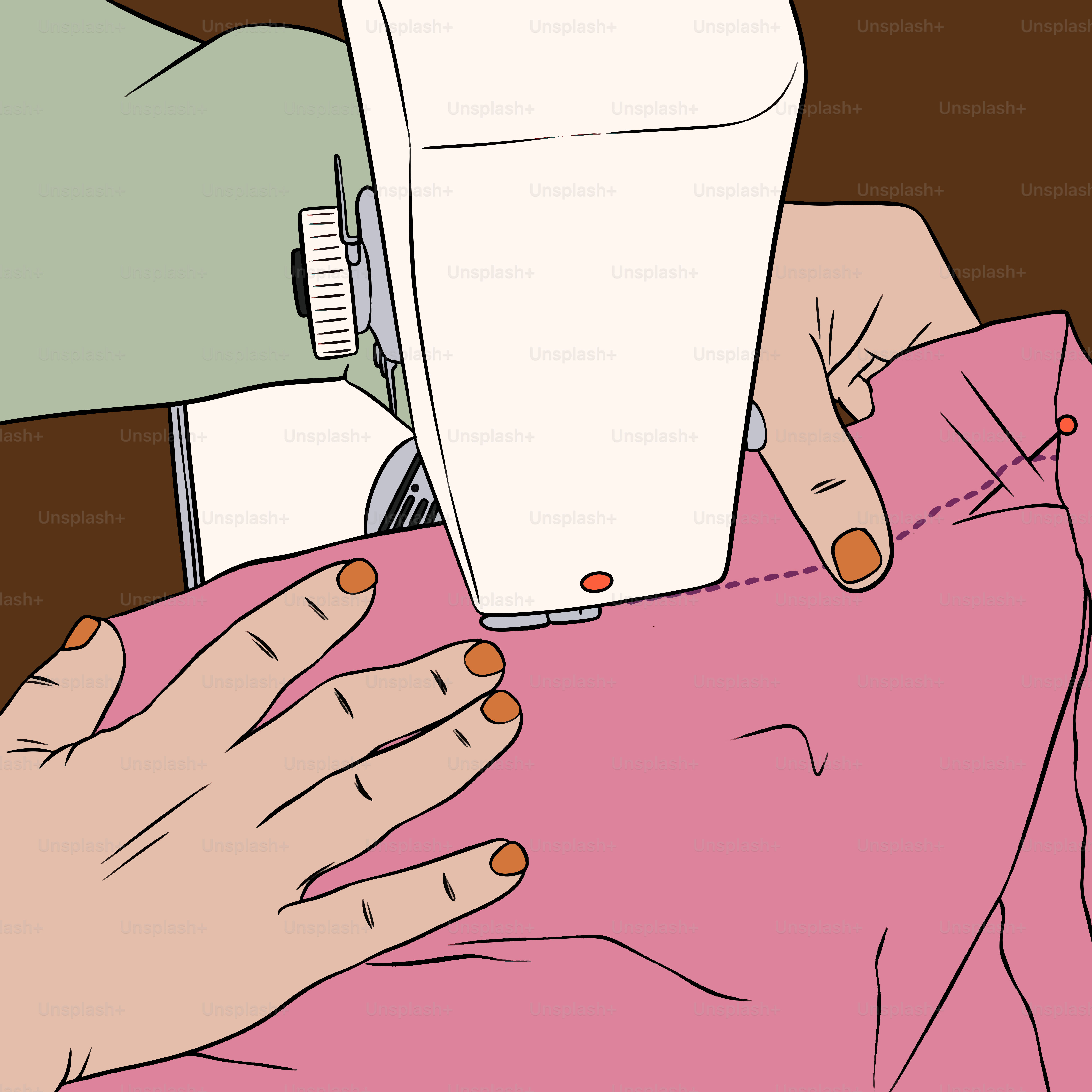 A sewing machine is stitching pink fabric.