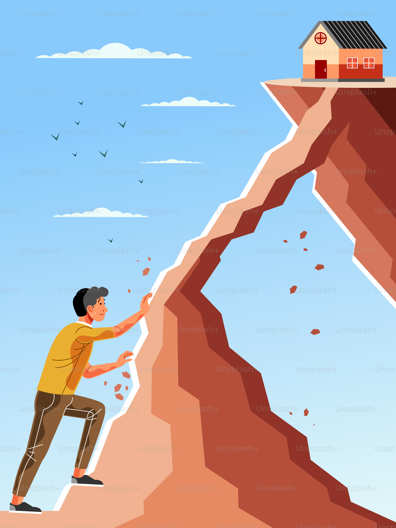 Man climbs a cliff to reach a house.
