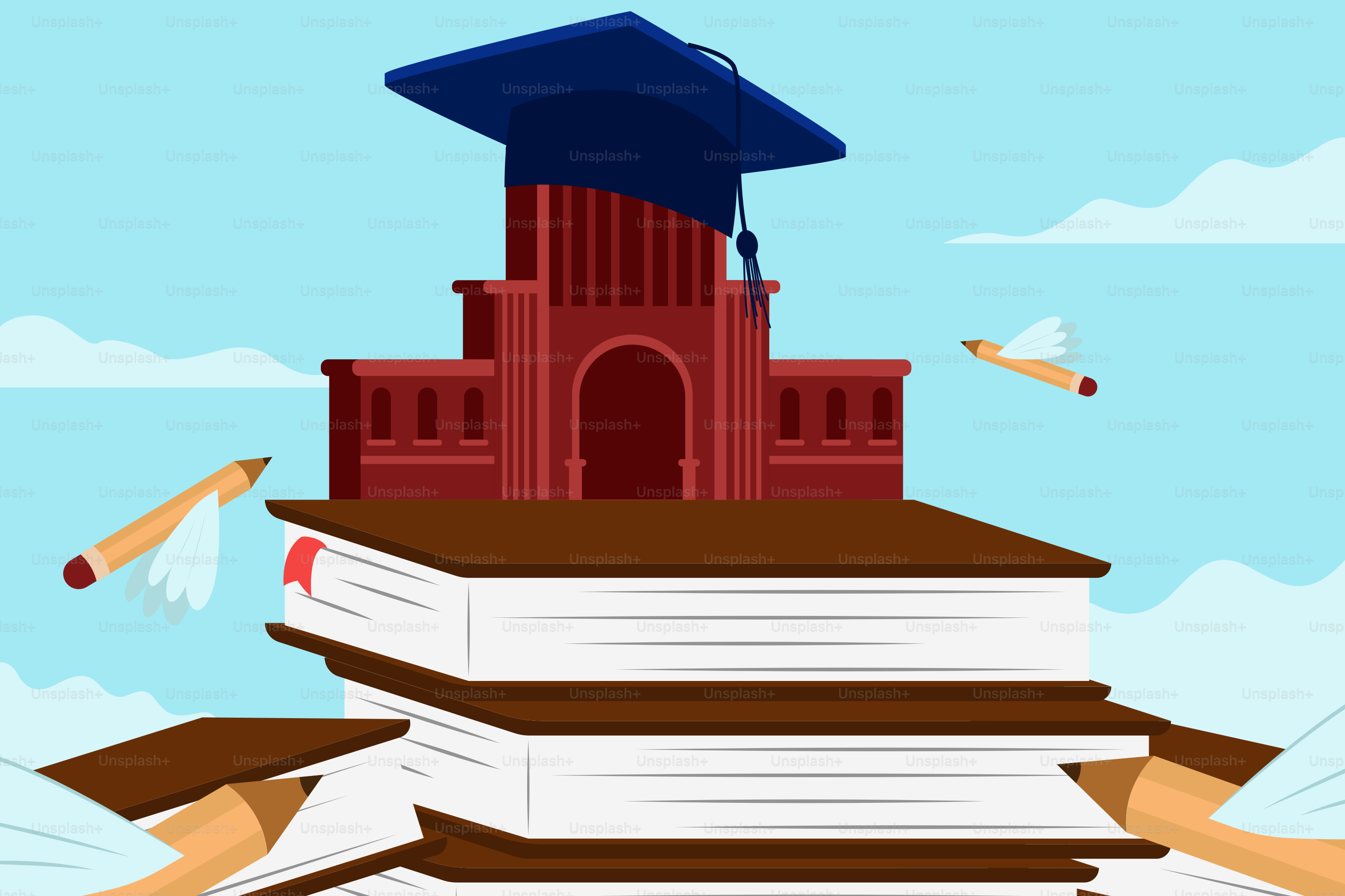Education is depicted as a soaring, fantastical structure.