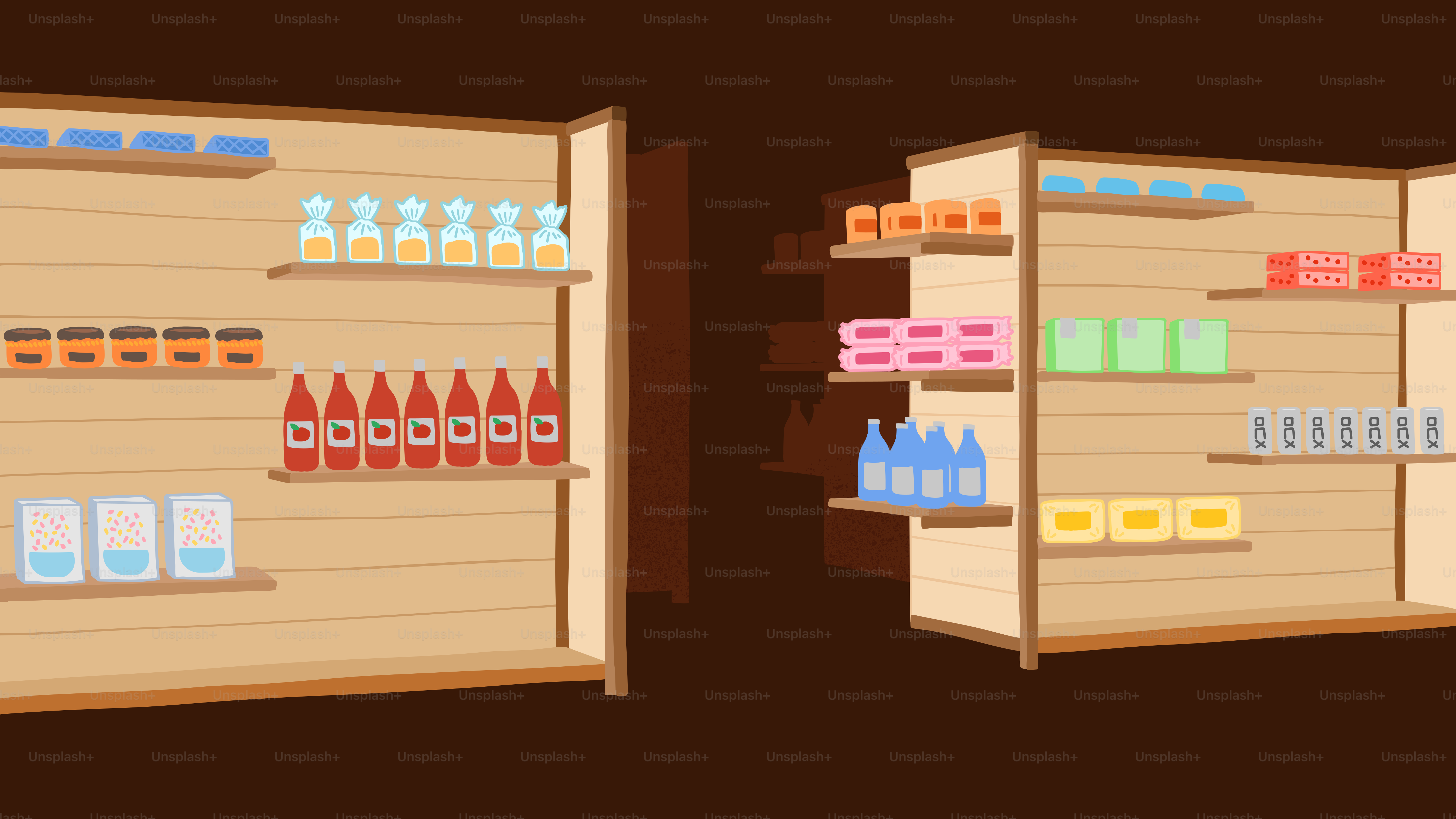 Shelves stocked with groceries in a store.