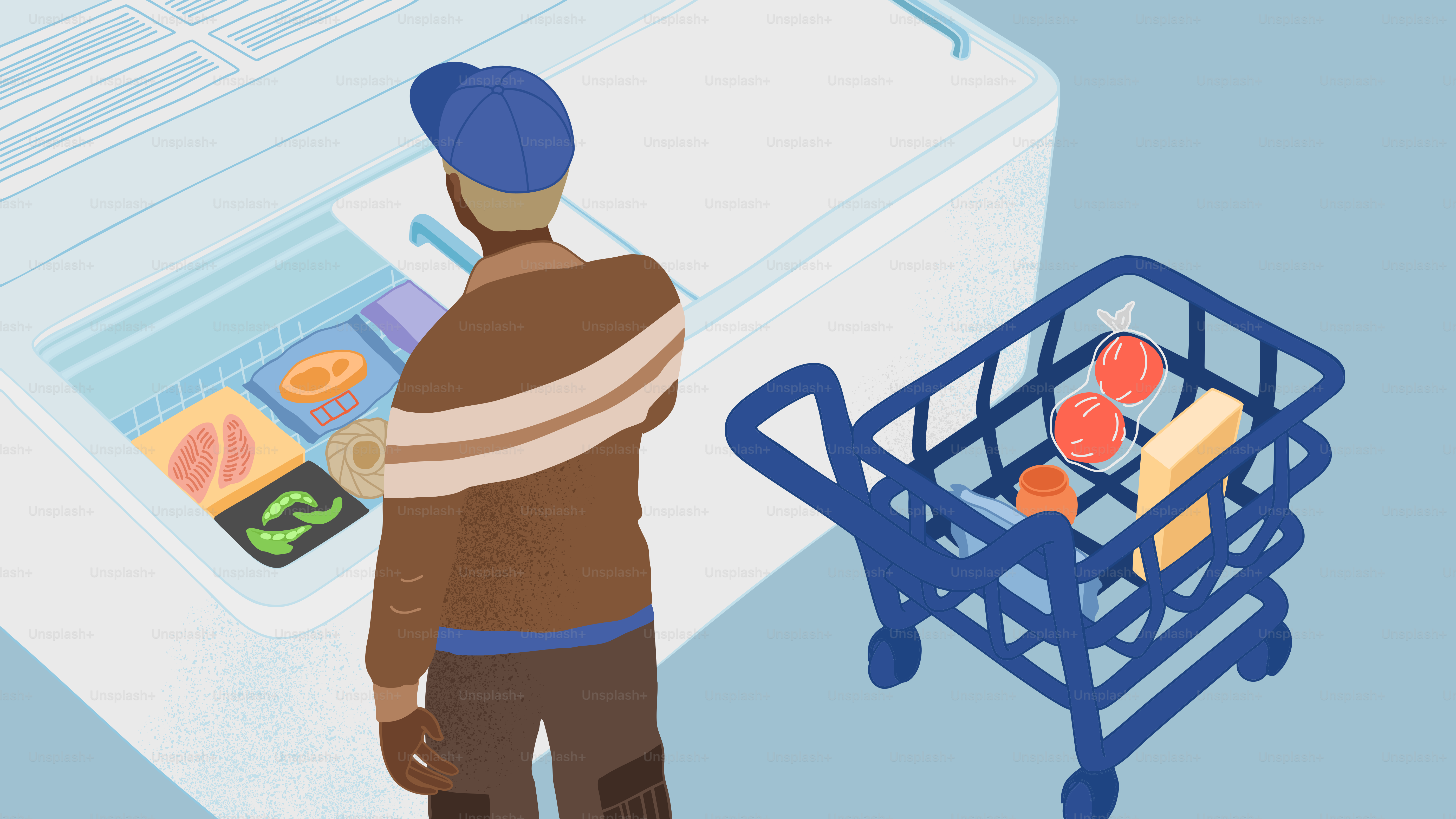 Un homme choisit la nourriture dans un congélateur.