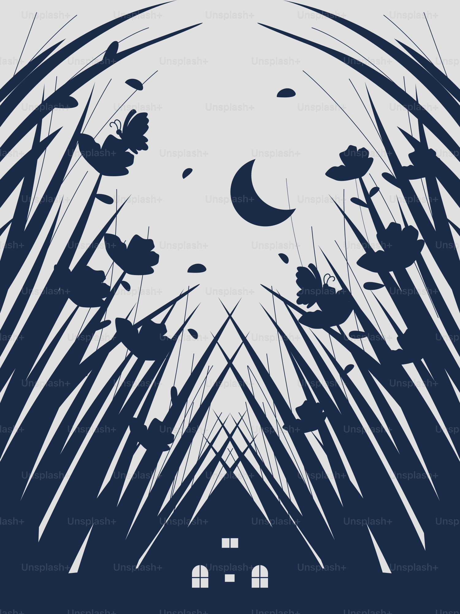 Eine Nachtszene mit Blumen, Schmetterlingen und Mond.