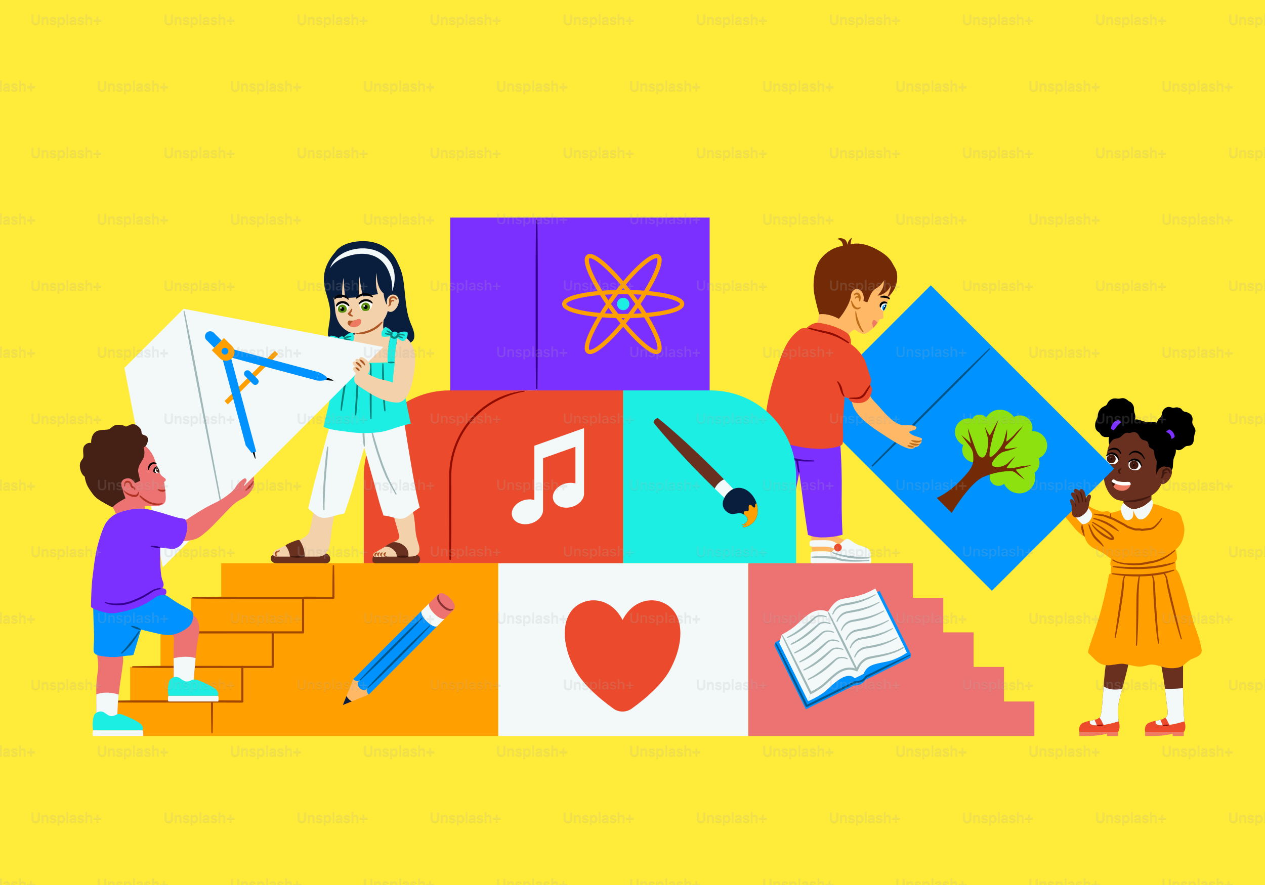 Children build with blocks representing knowledge.