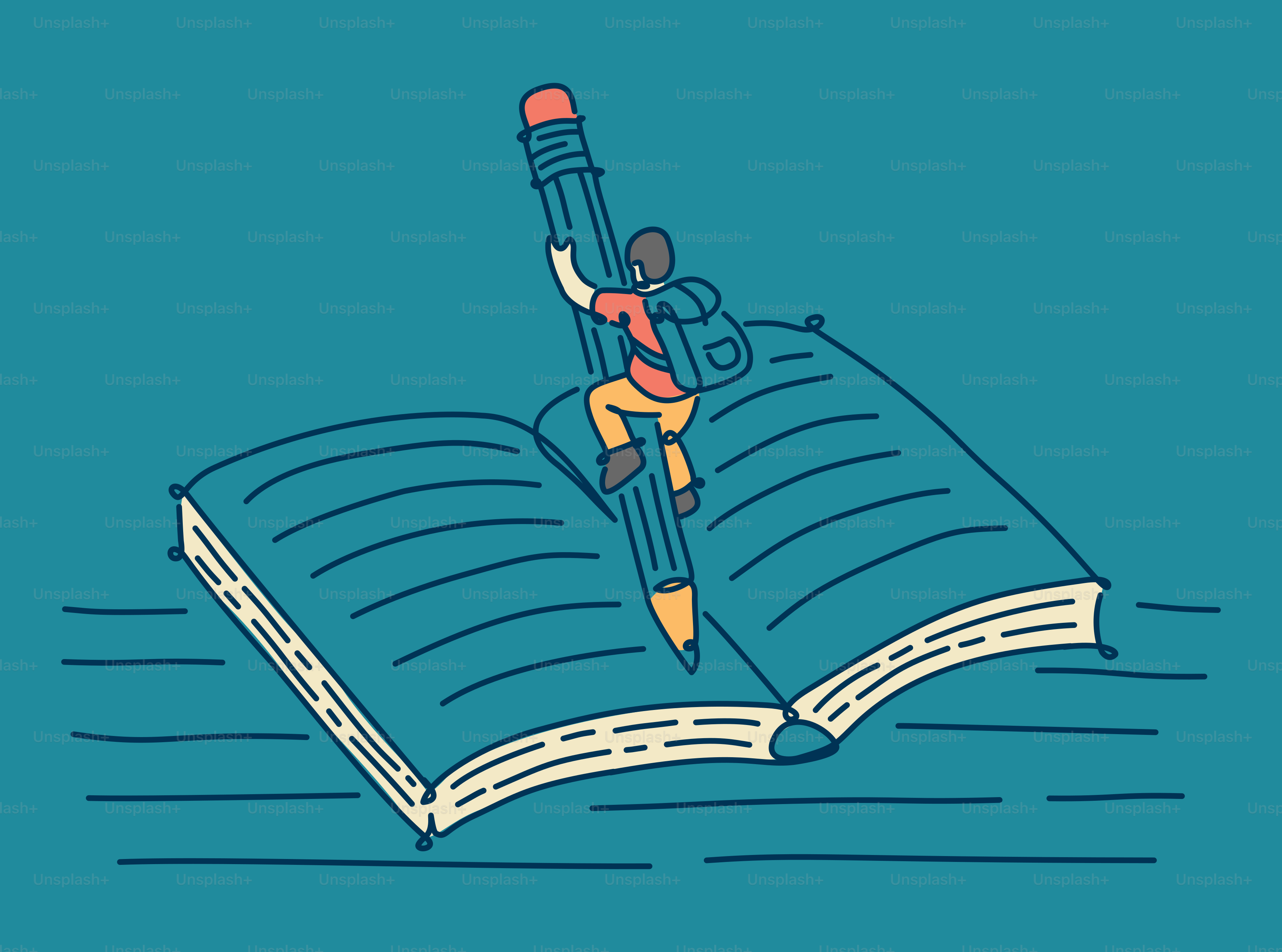 Student climbs a pencil resting on an open book.