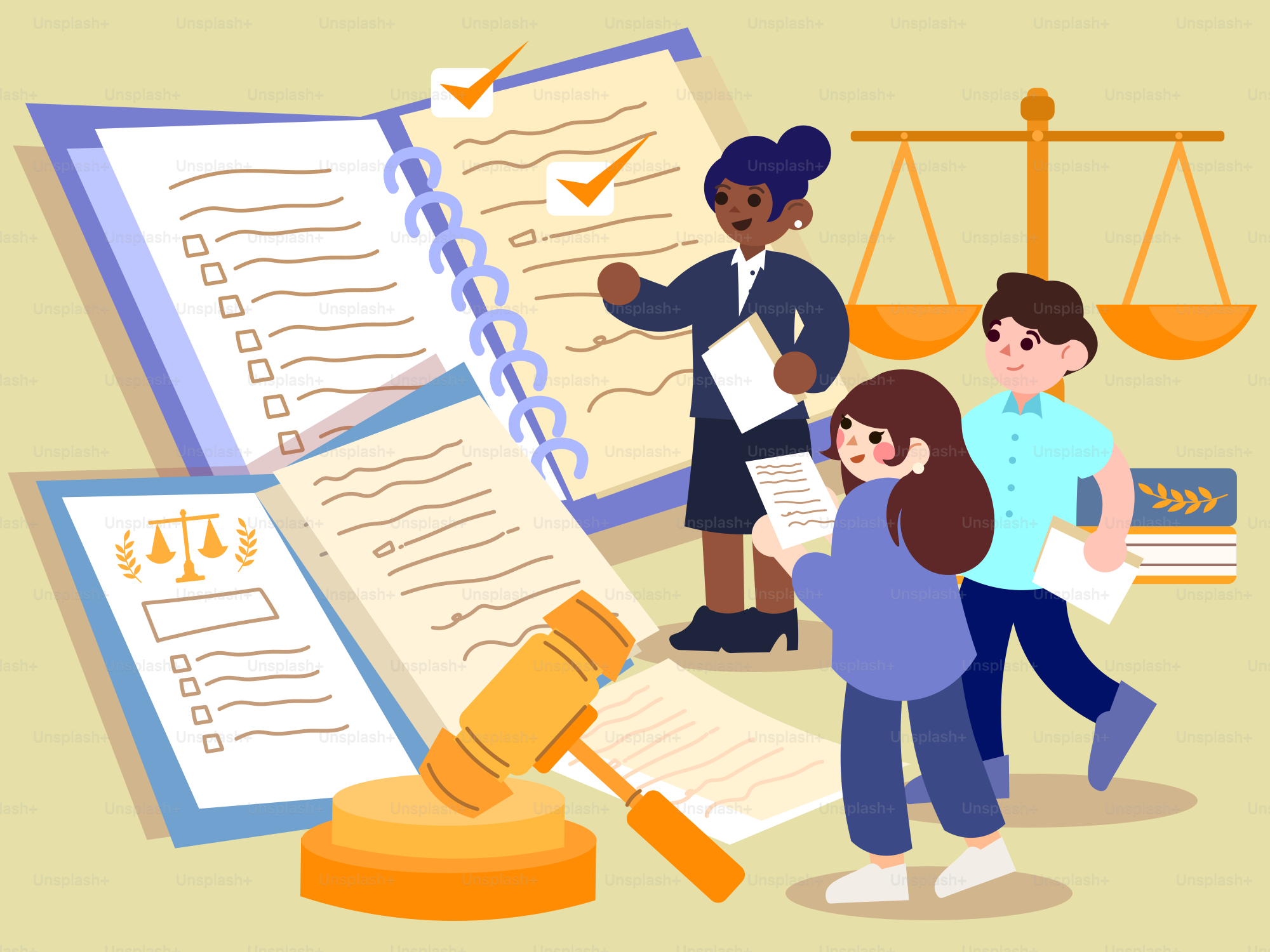 Des gens qui discutent de documents juridiques et de loi.