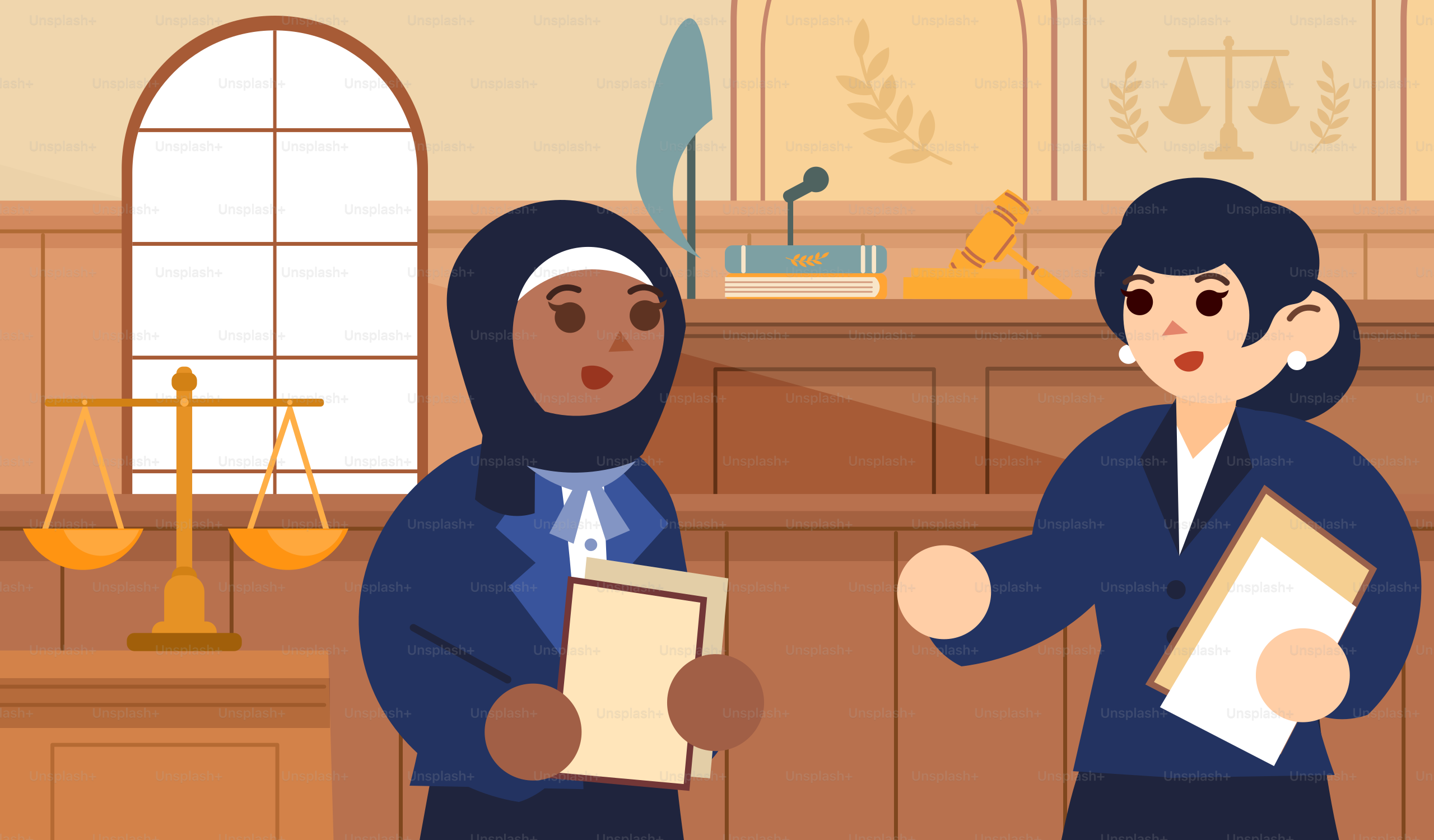 Deux avocats discutent dans une salle d’audience.