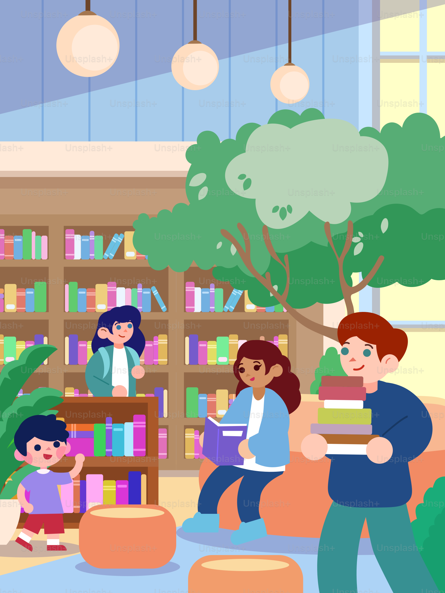 Children enjoy reading and books in a library.