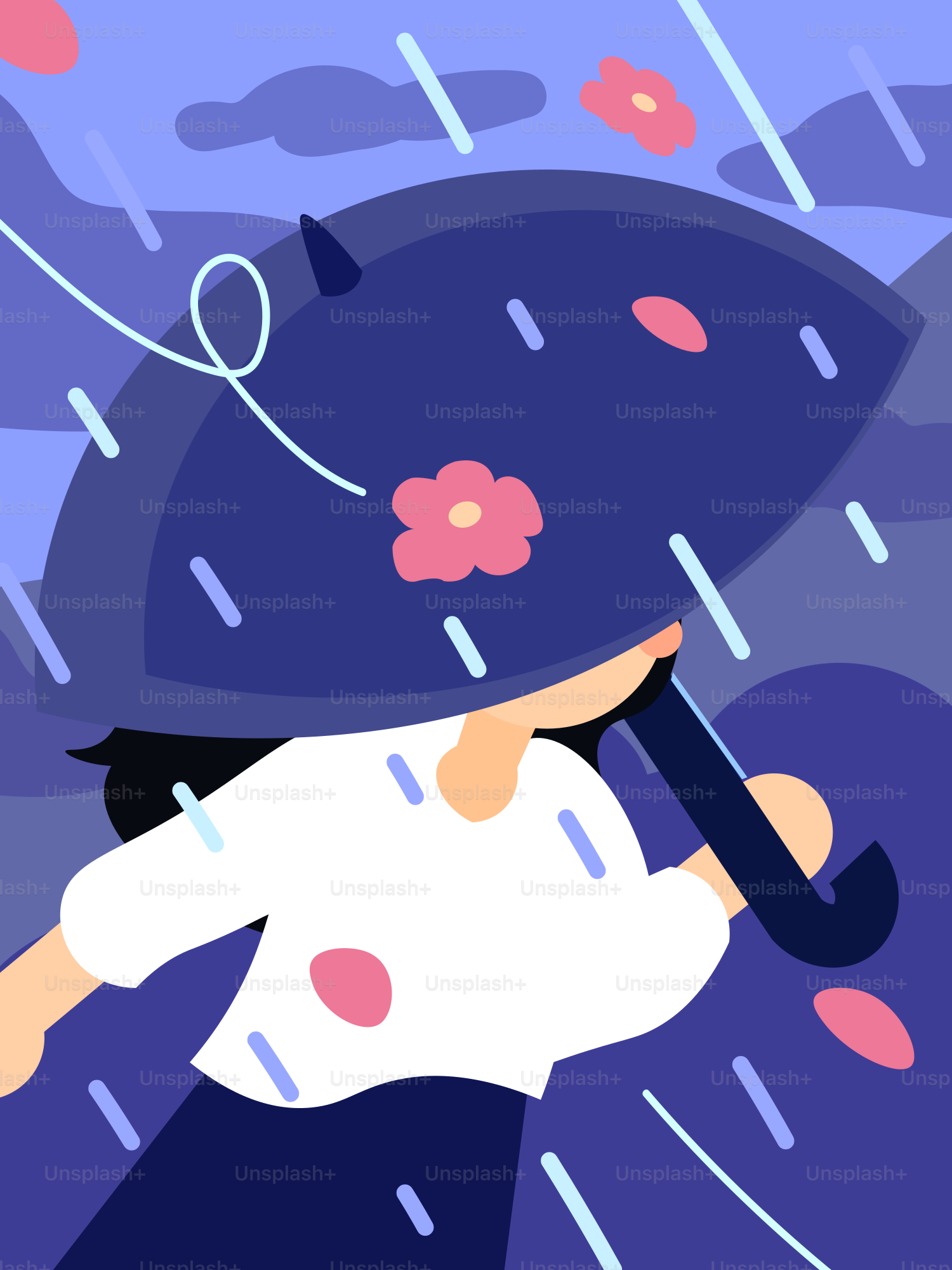 A person walks in the rain under an umbrella.