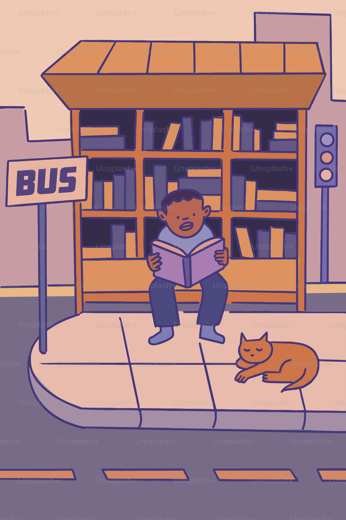 Boy reads book at a bus stop library.