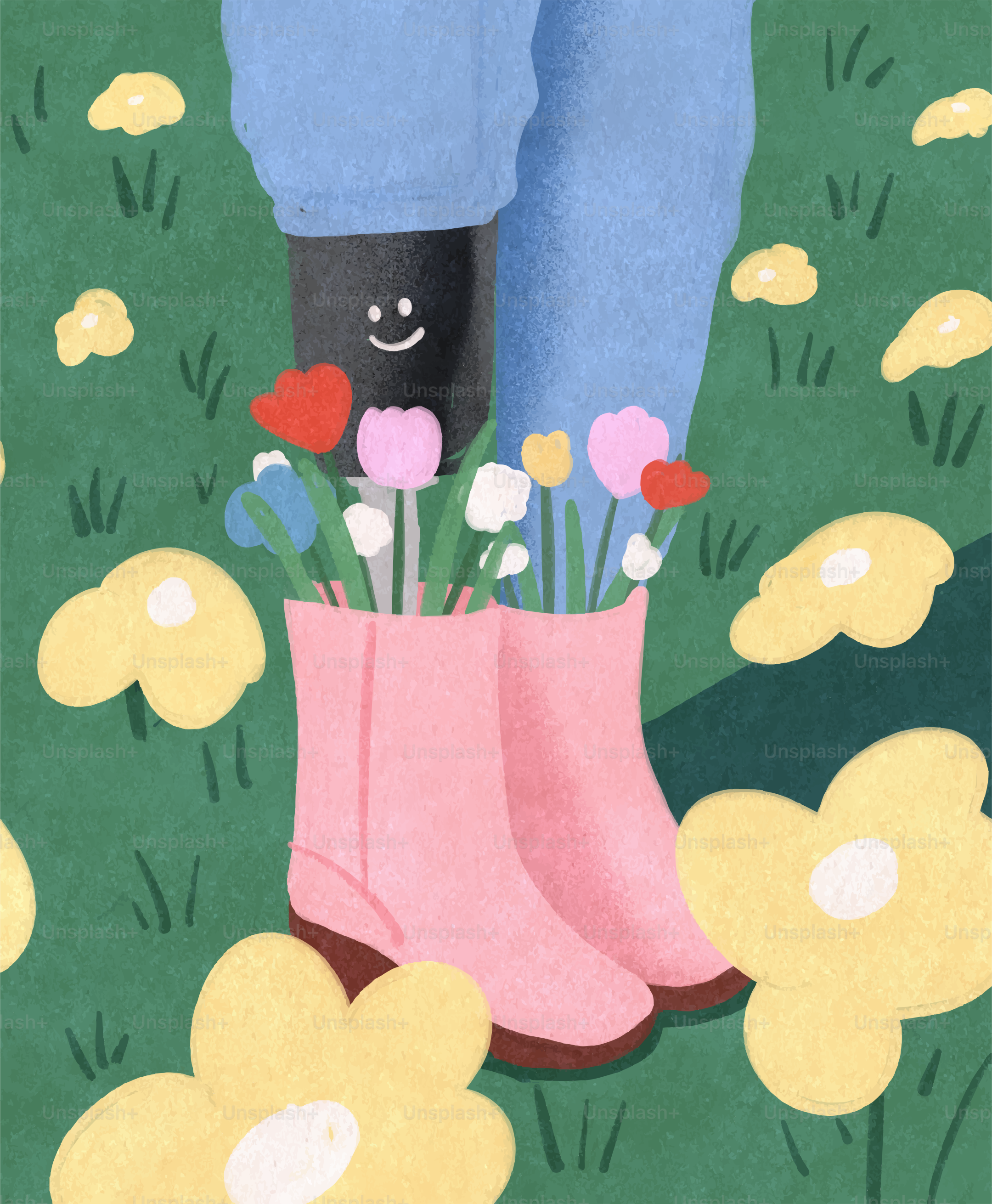 Flowers bloom in pink boots among yellow flowers.