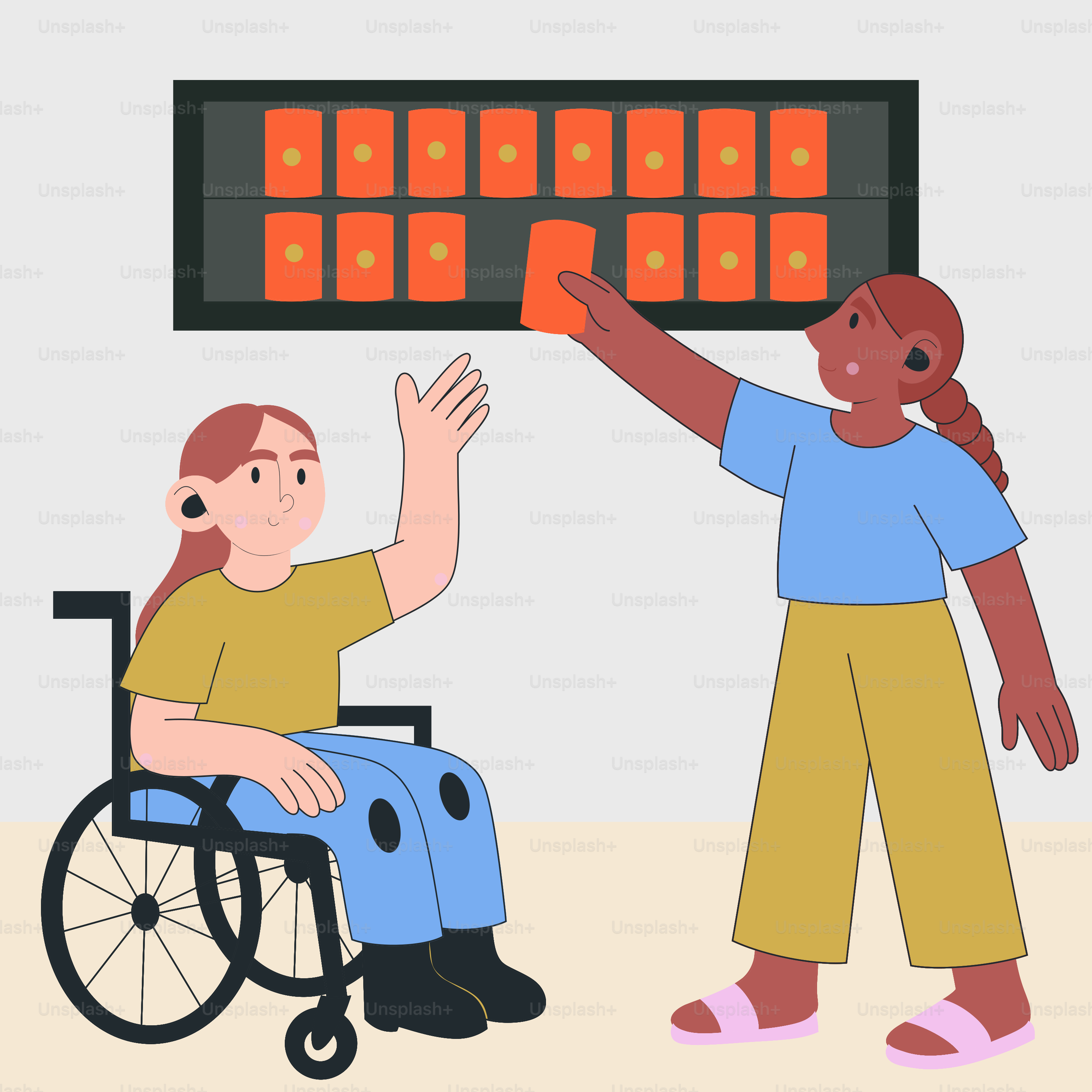 Two people are reaching for items in a cabinet.