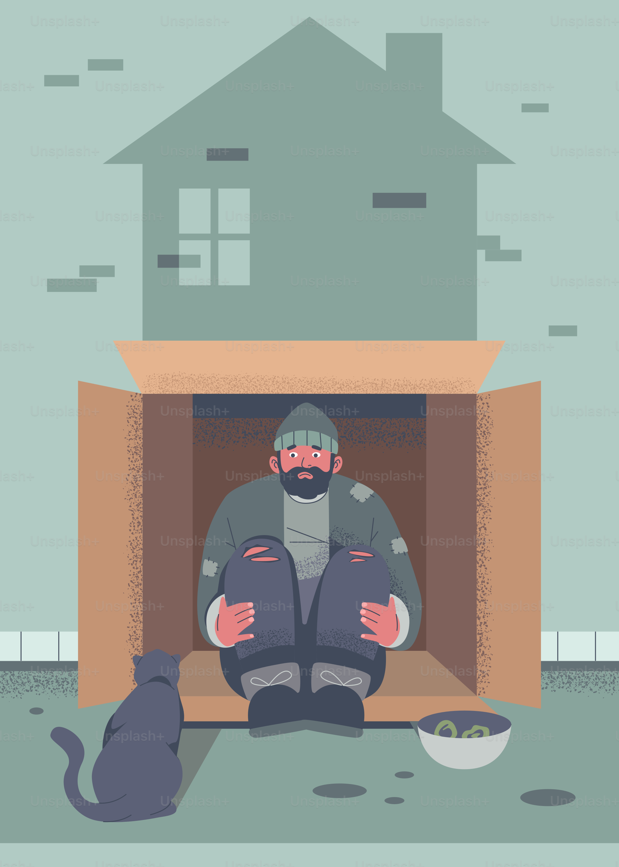 A homeless man sits in a cardboard box.