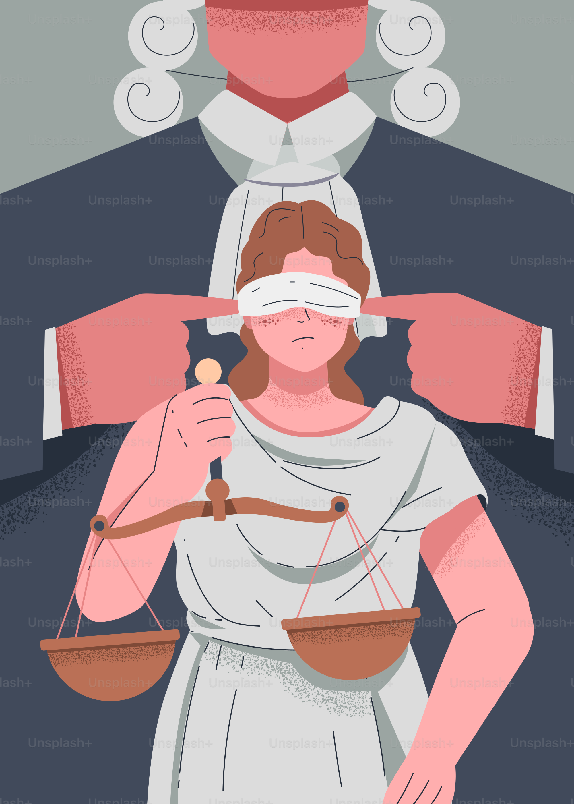 Lady justice, blindfolded, being judged.