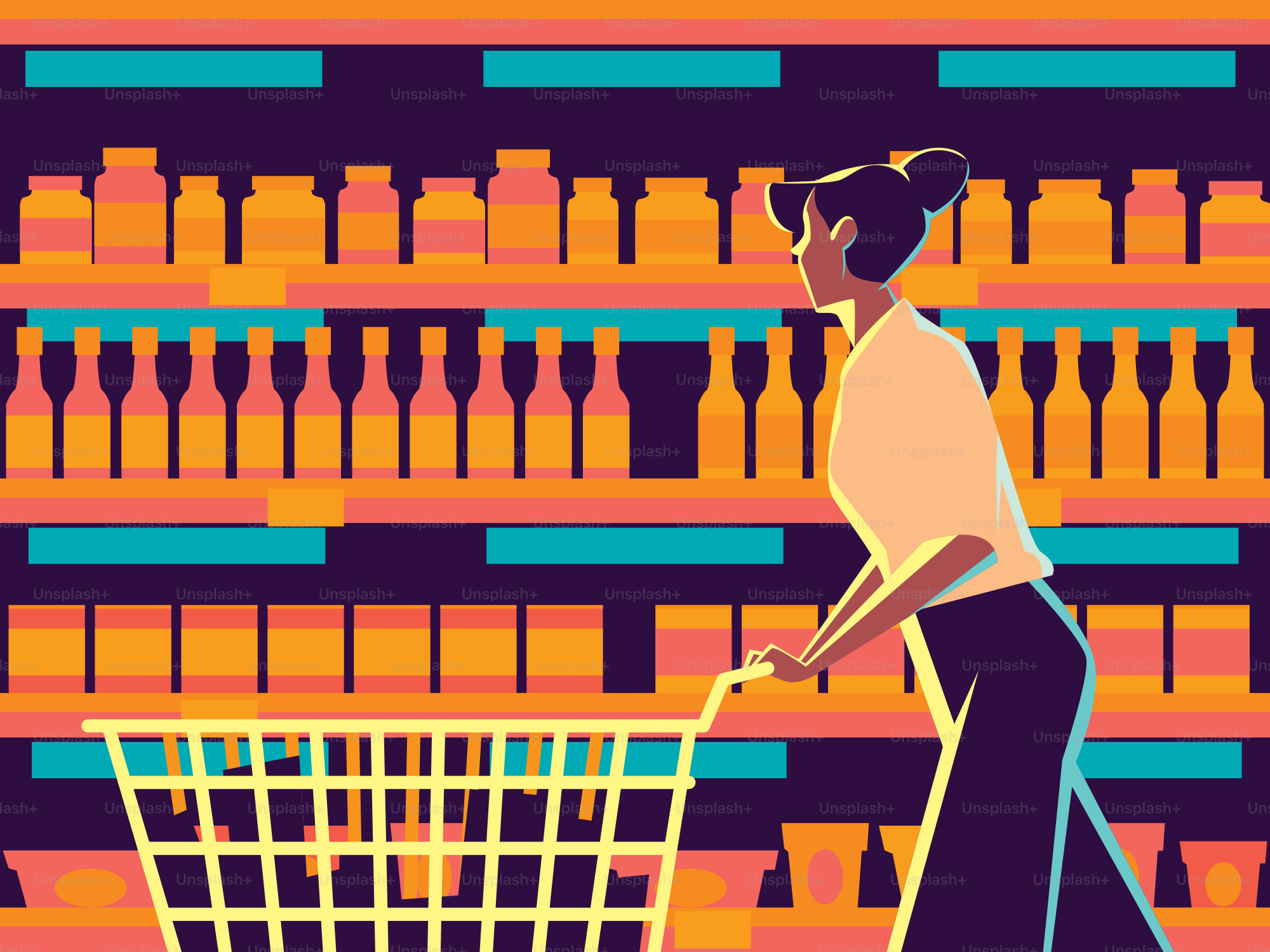 Woman shops in a brightly lit grocery store.