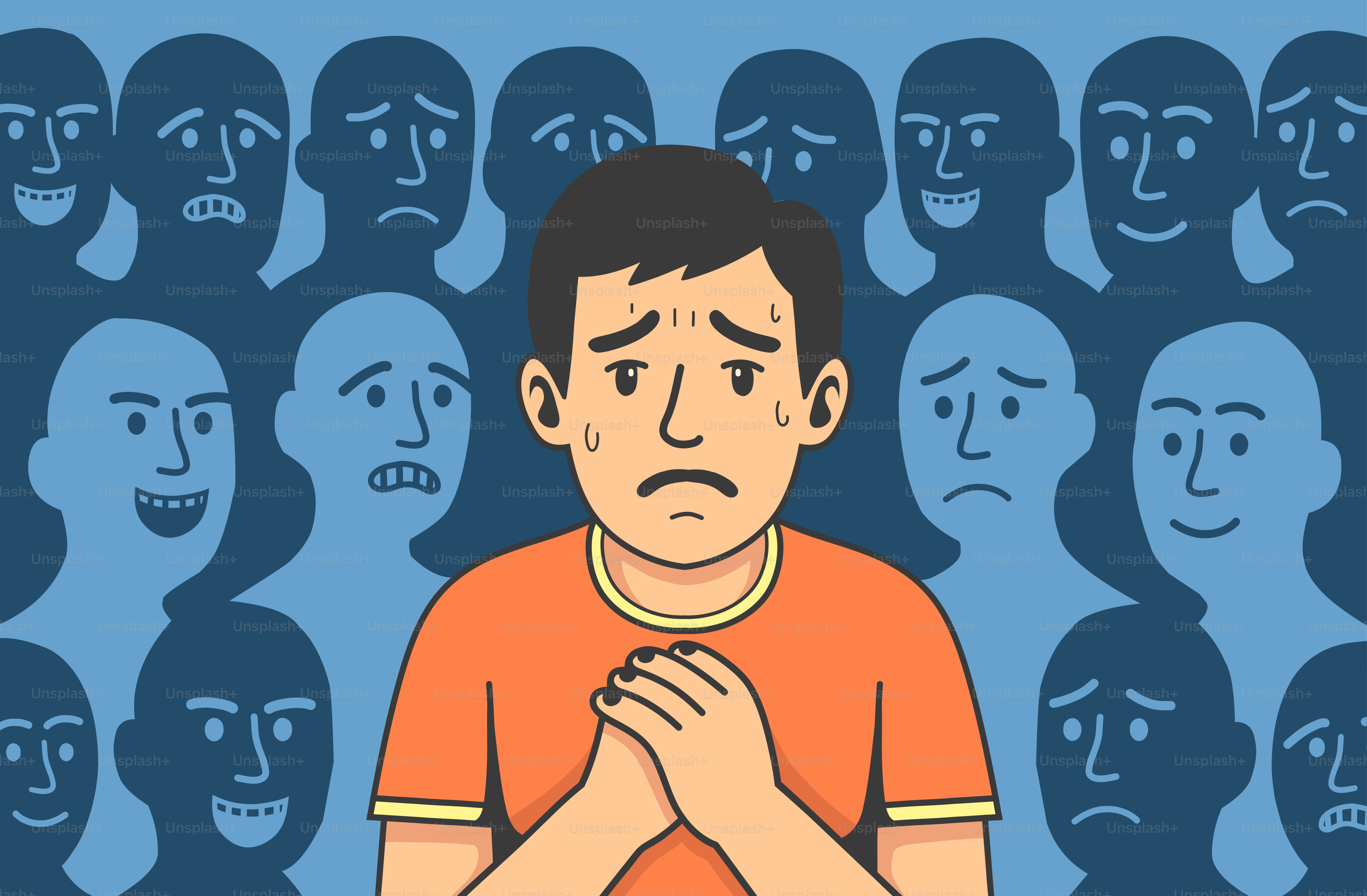 Un uomo stressato circondato da emozioni travolgenti.