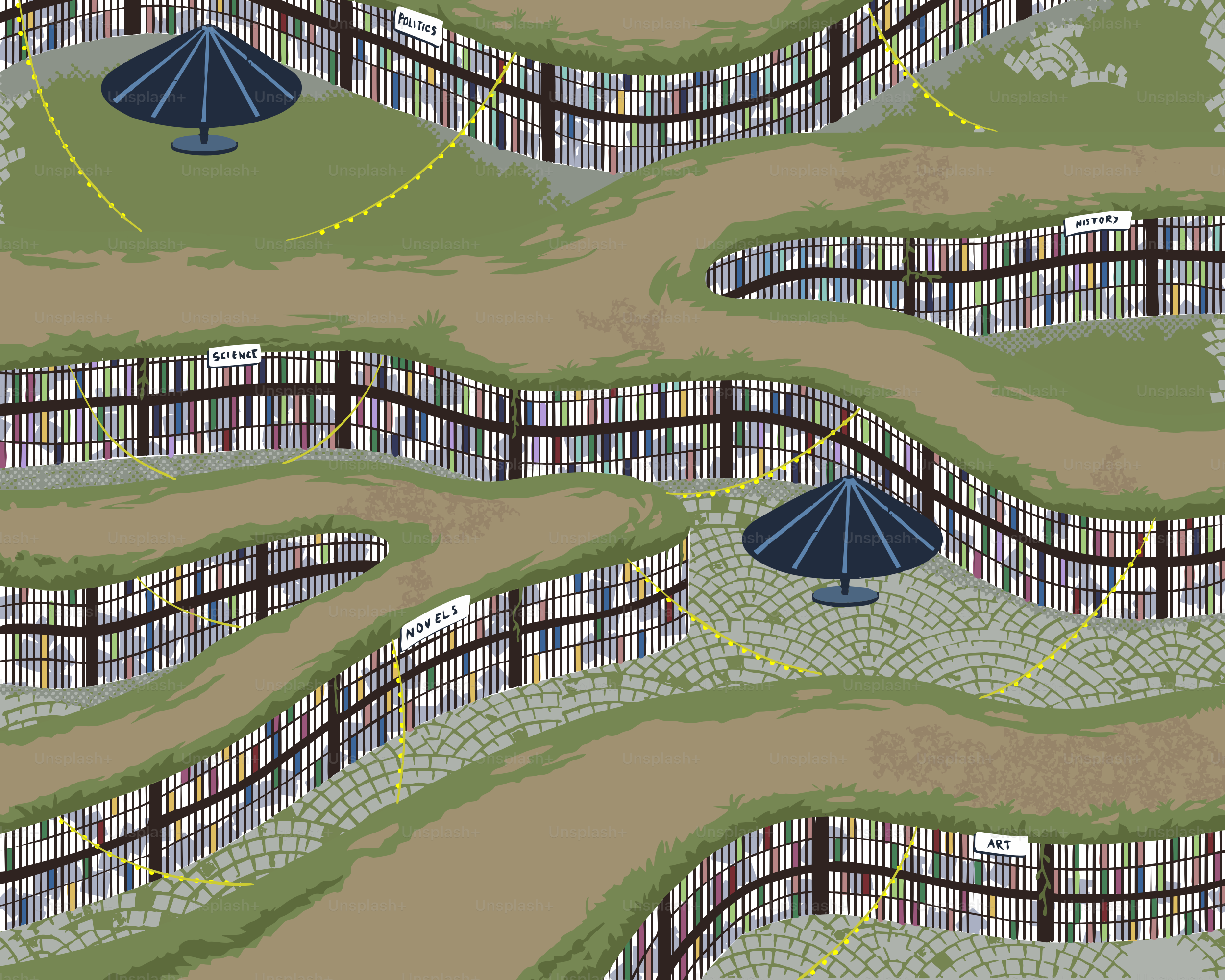 Une bibliothèque fantaisiste avec des allées sinueuses et des auvents.