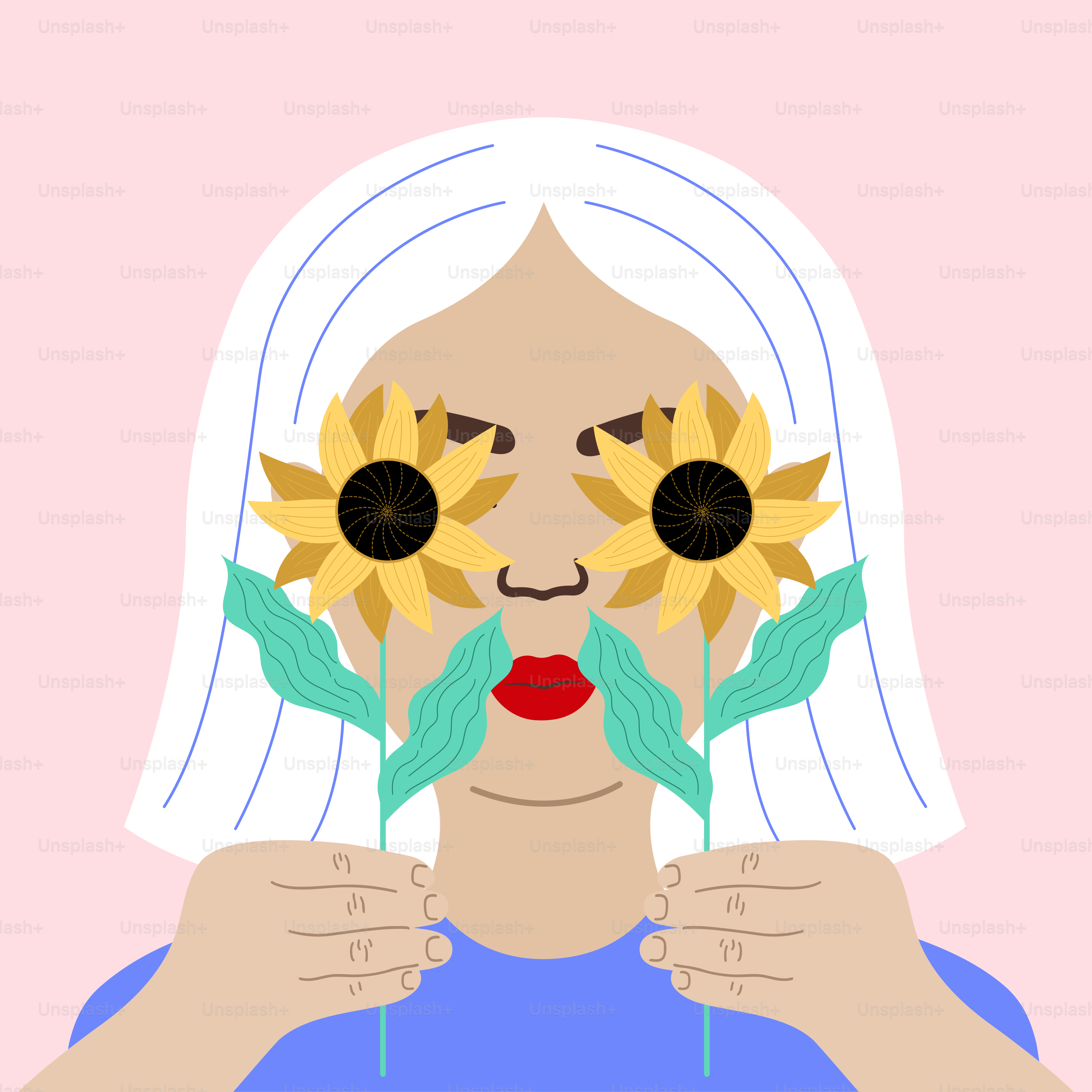 Woman holding sunflowers as eye replacements.