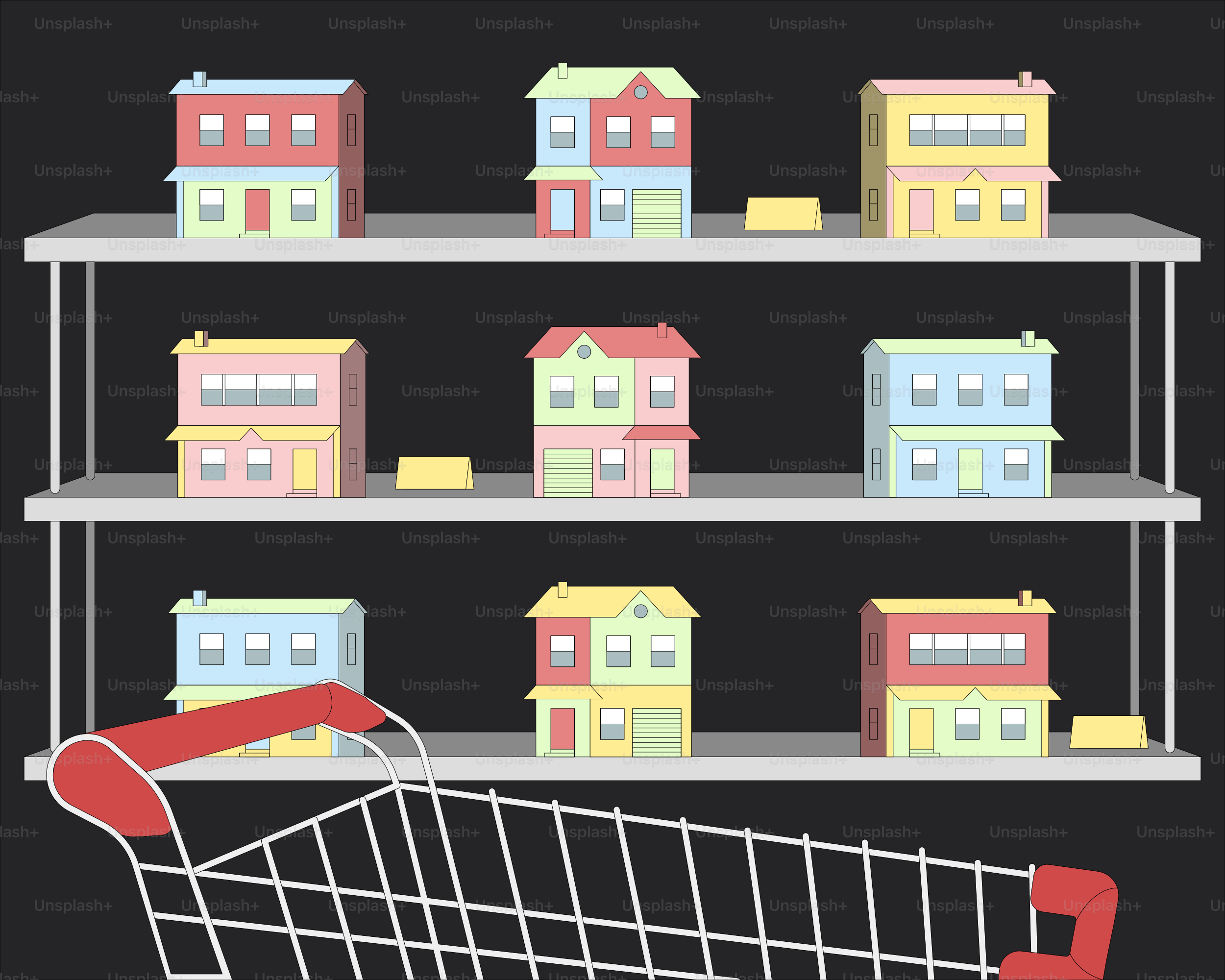 Casas en estanterías con un carrito de la compra.