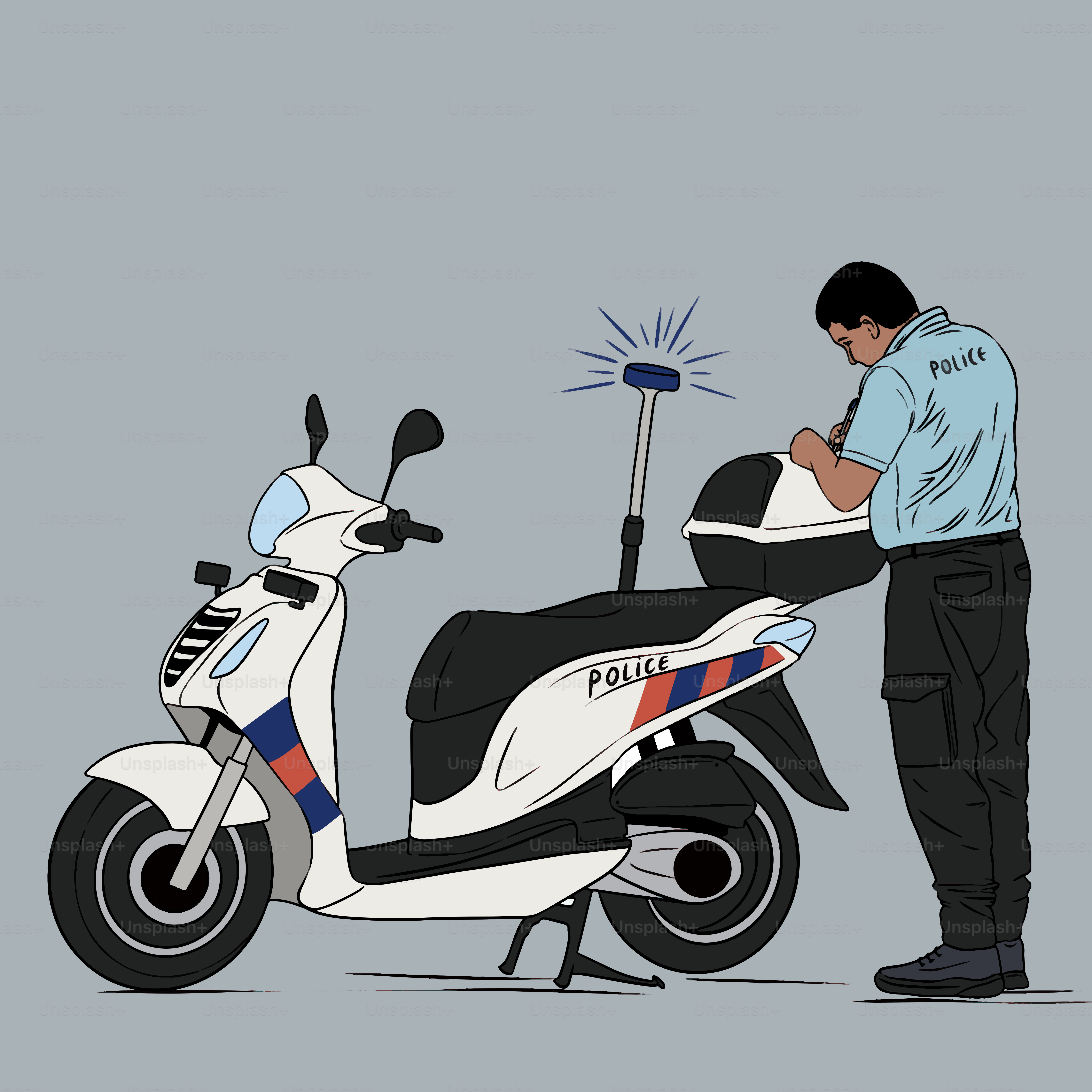 Un policier écrit près de son scooter.