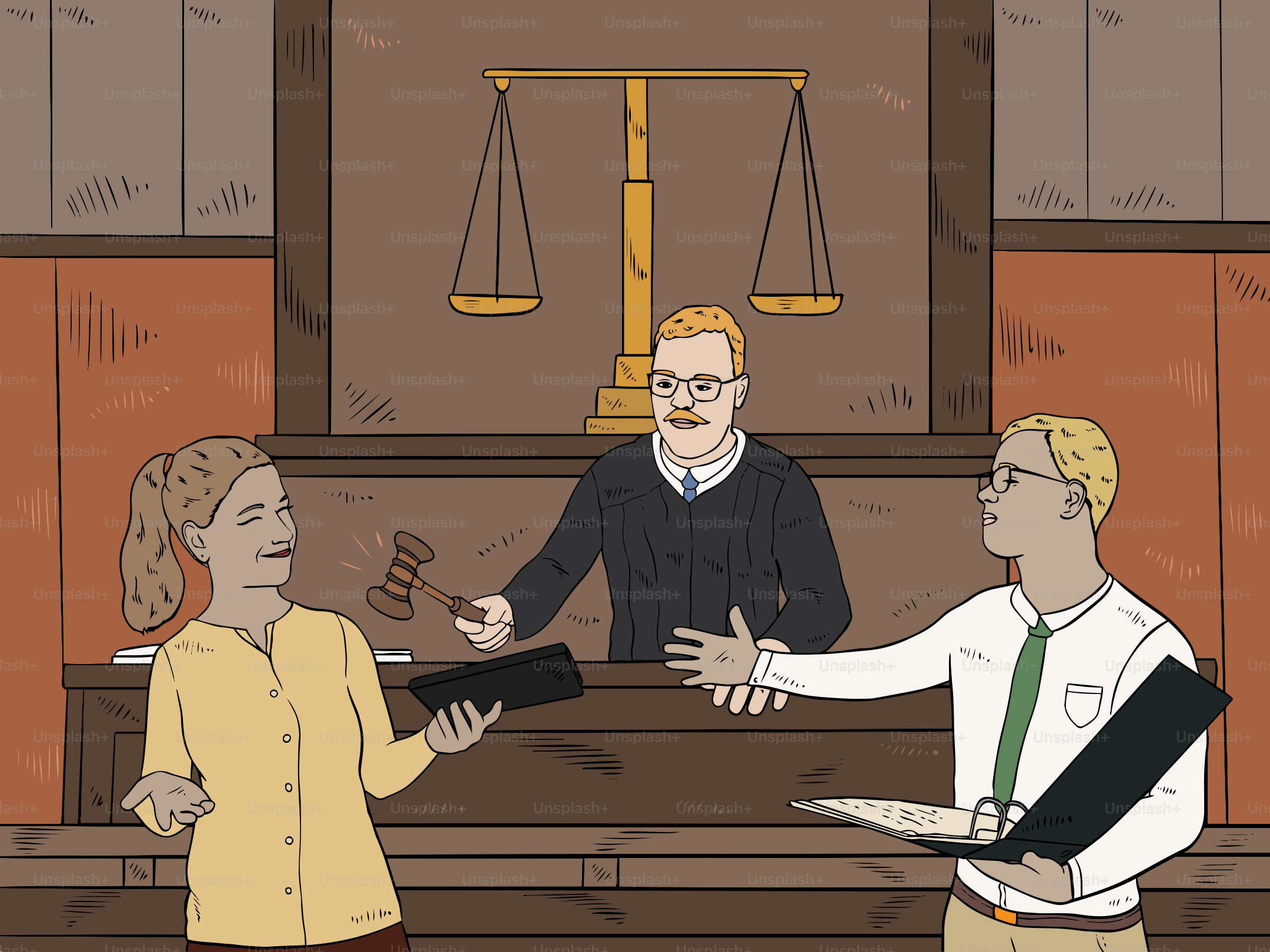A courtroom scene with a judge and two lawyers.