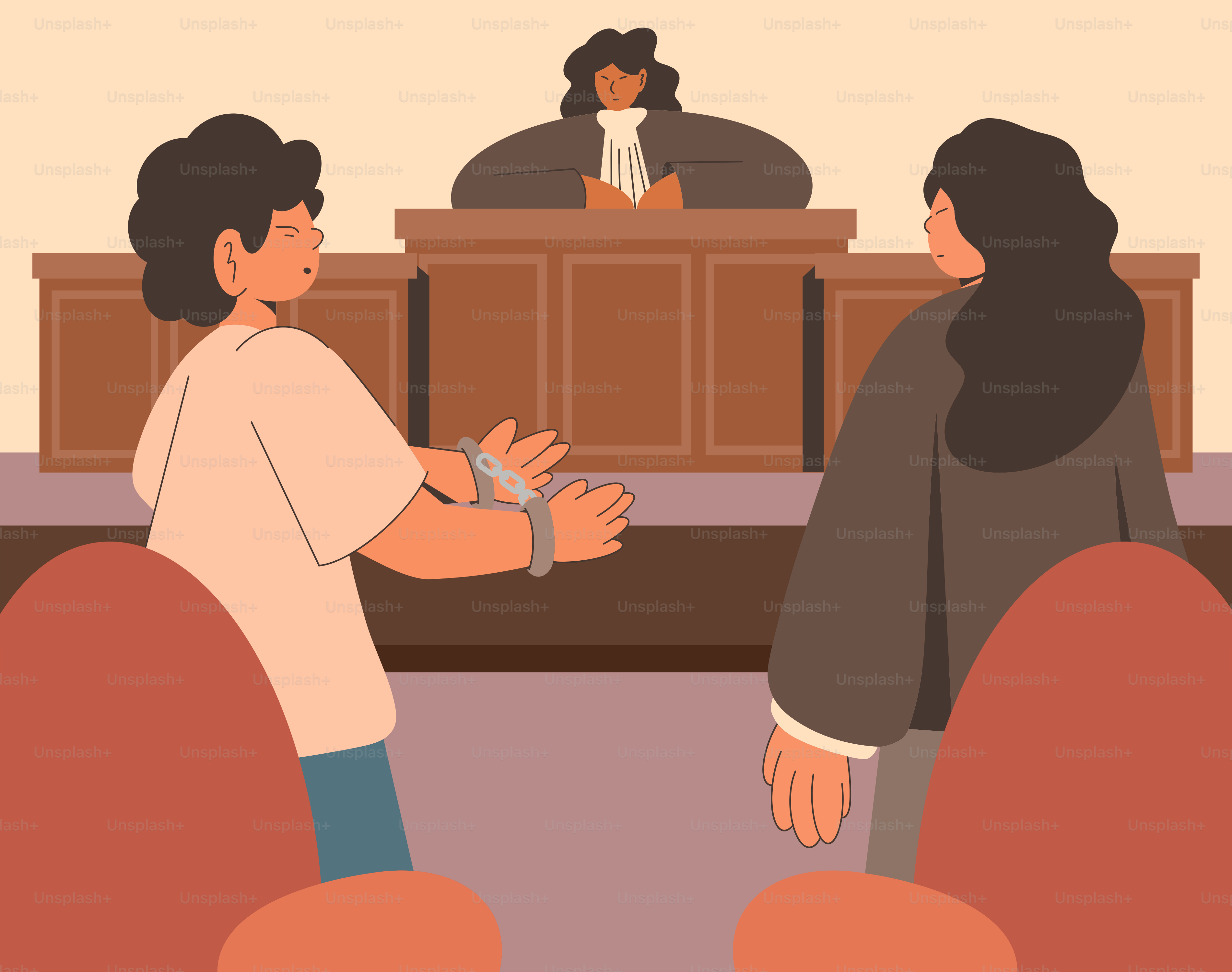 A defendant is in court with handcuffs.