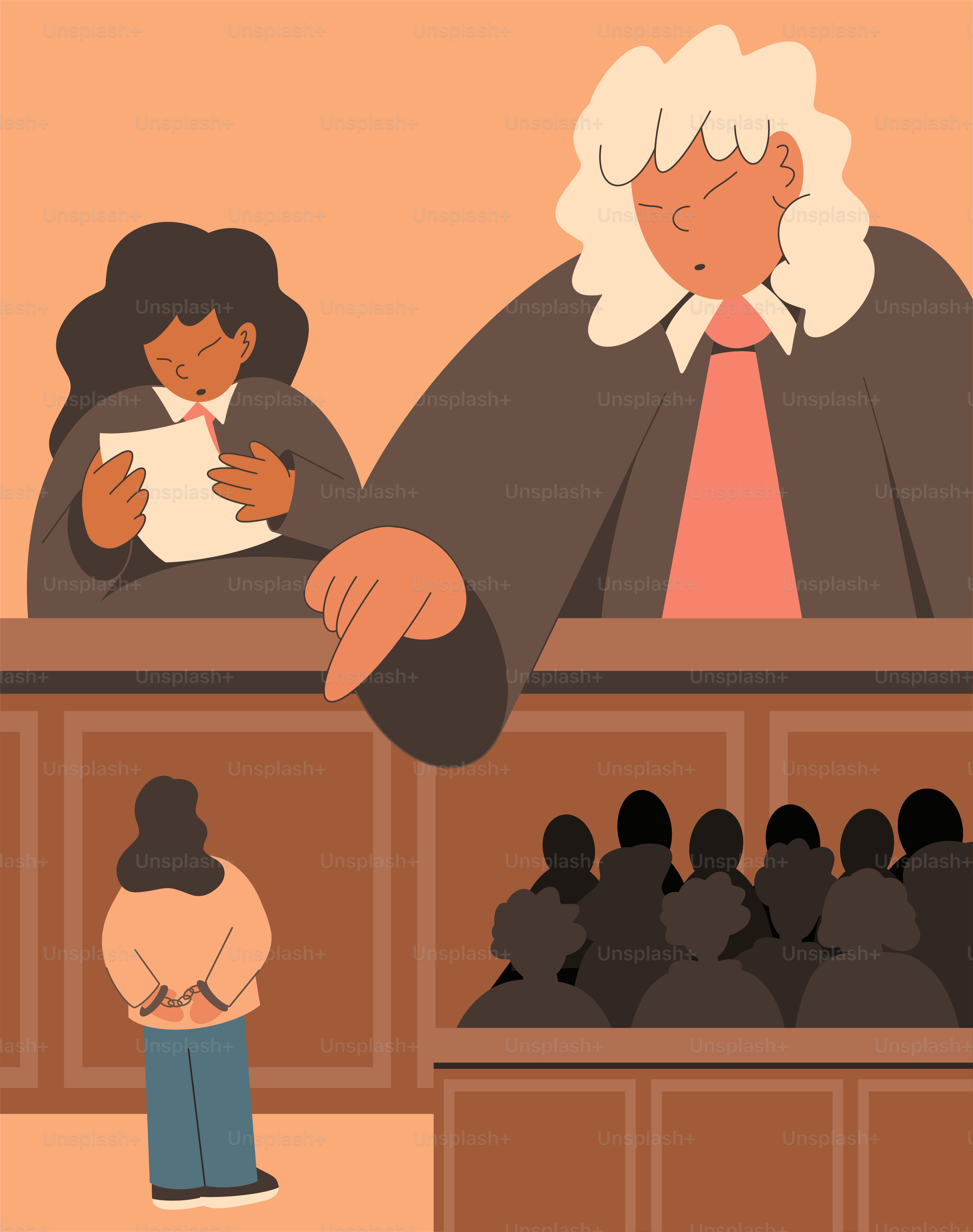 A judge points at a defendant in the courtroom.