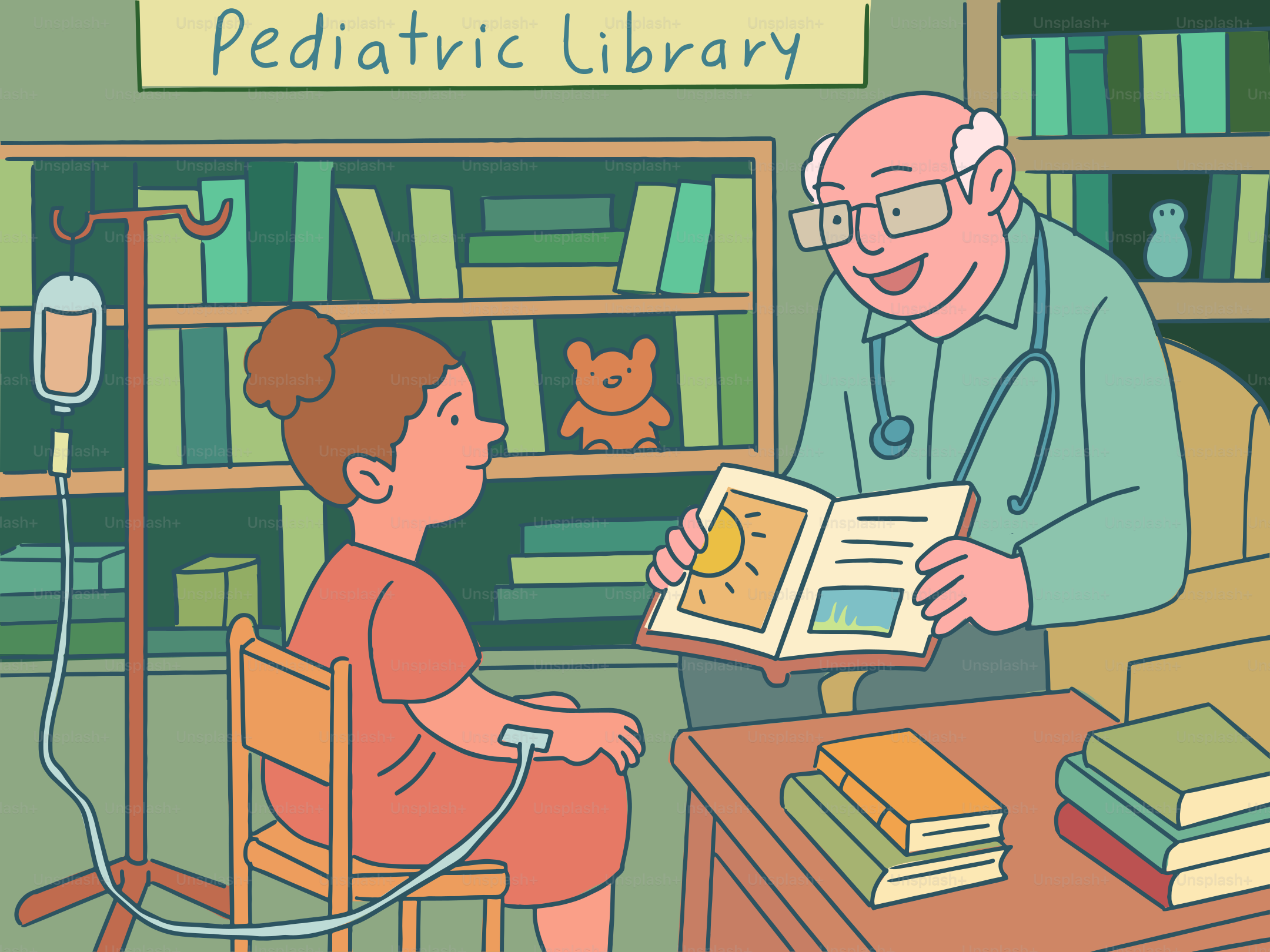 Doctor reads to child in a pediatric library.