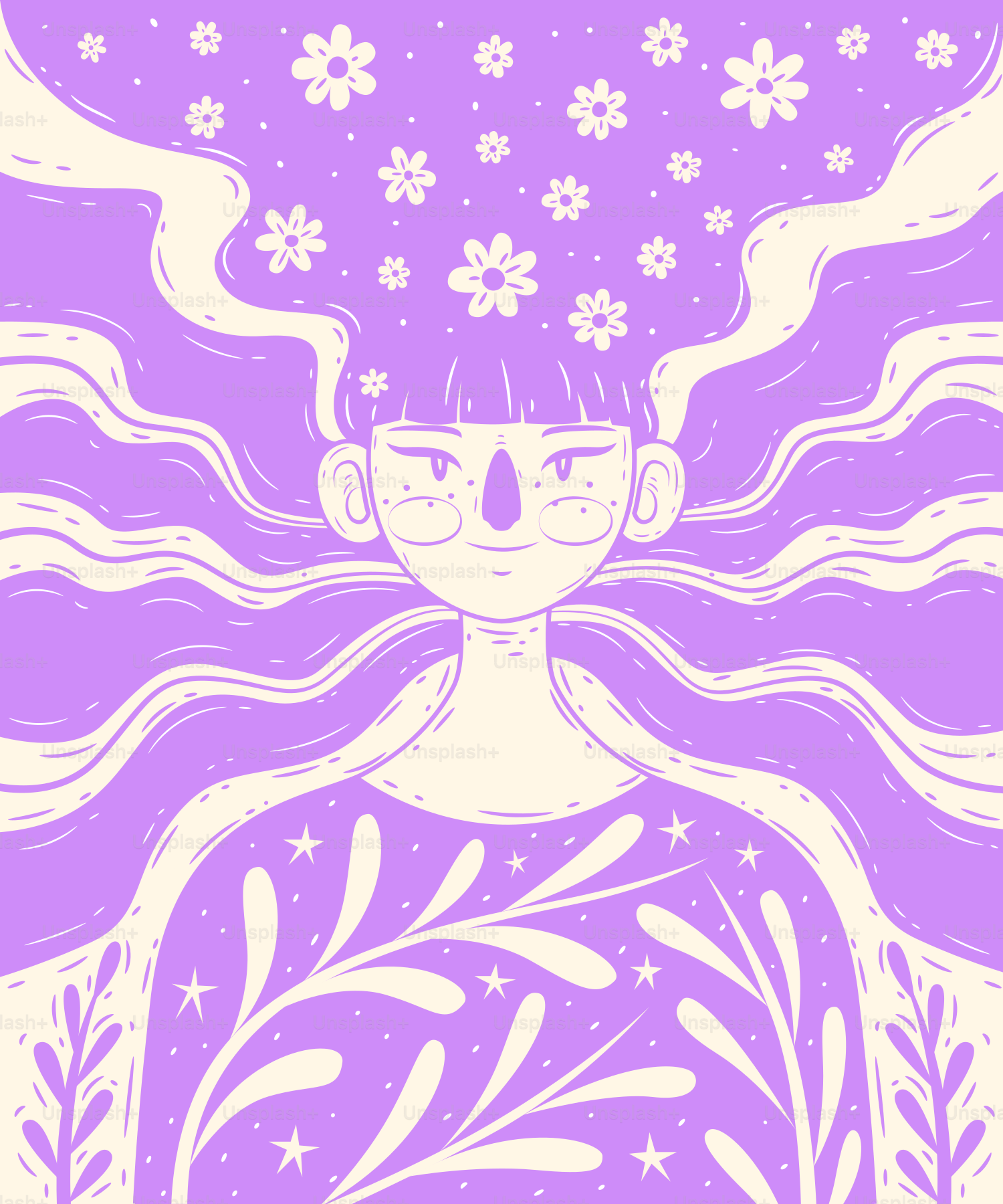 Girl with flower hair and patterned shirt.