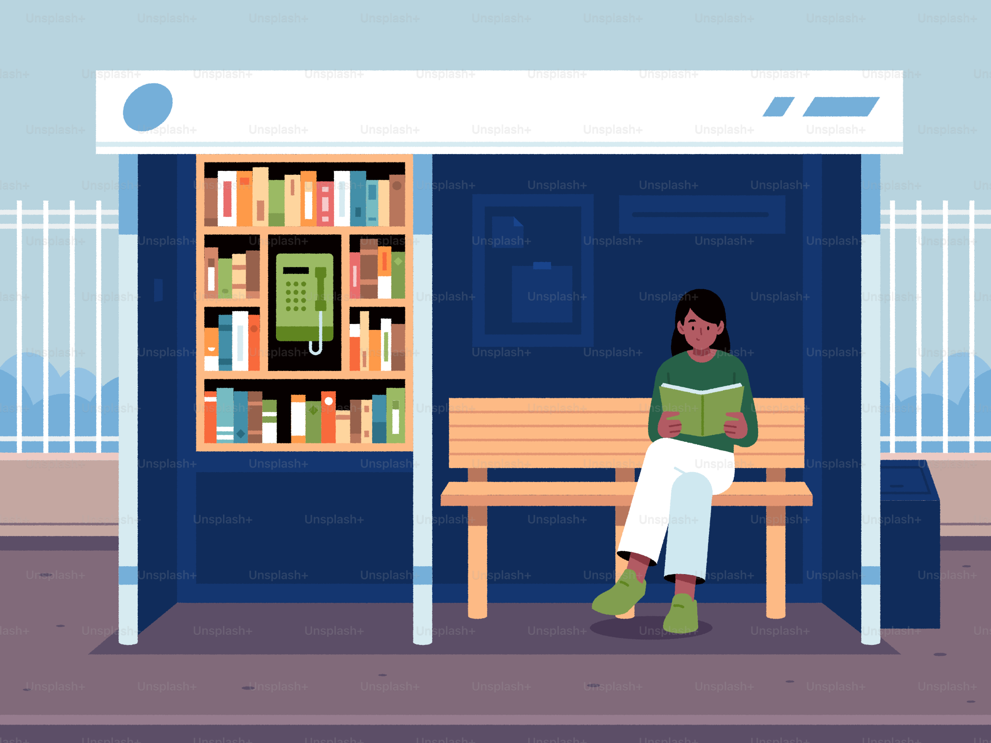 Eine Person liest an einer Bushaltestelle der Bibliothek.