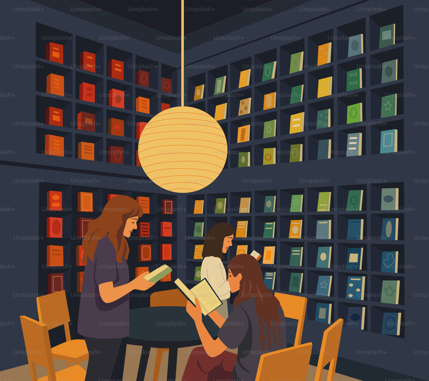 People are reading books in a colorful library.