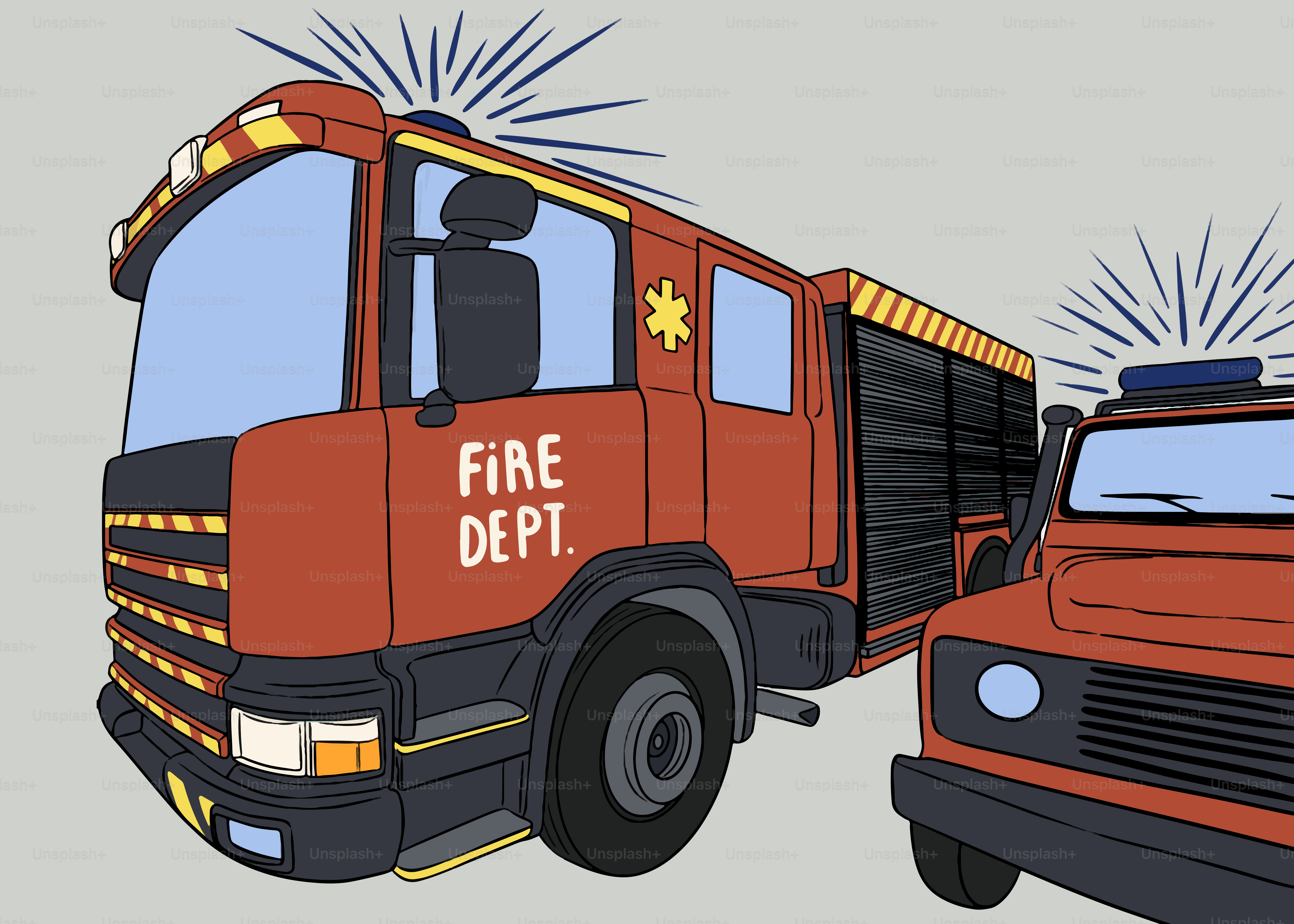 Two fire department vehicles with lights.