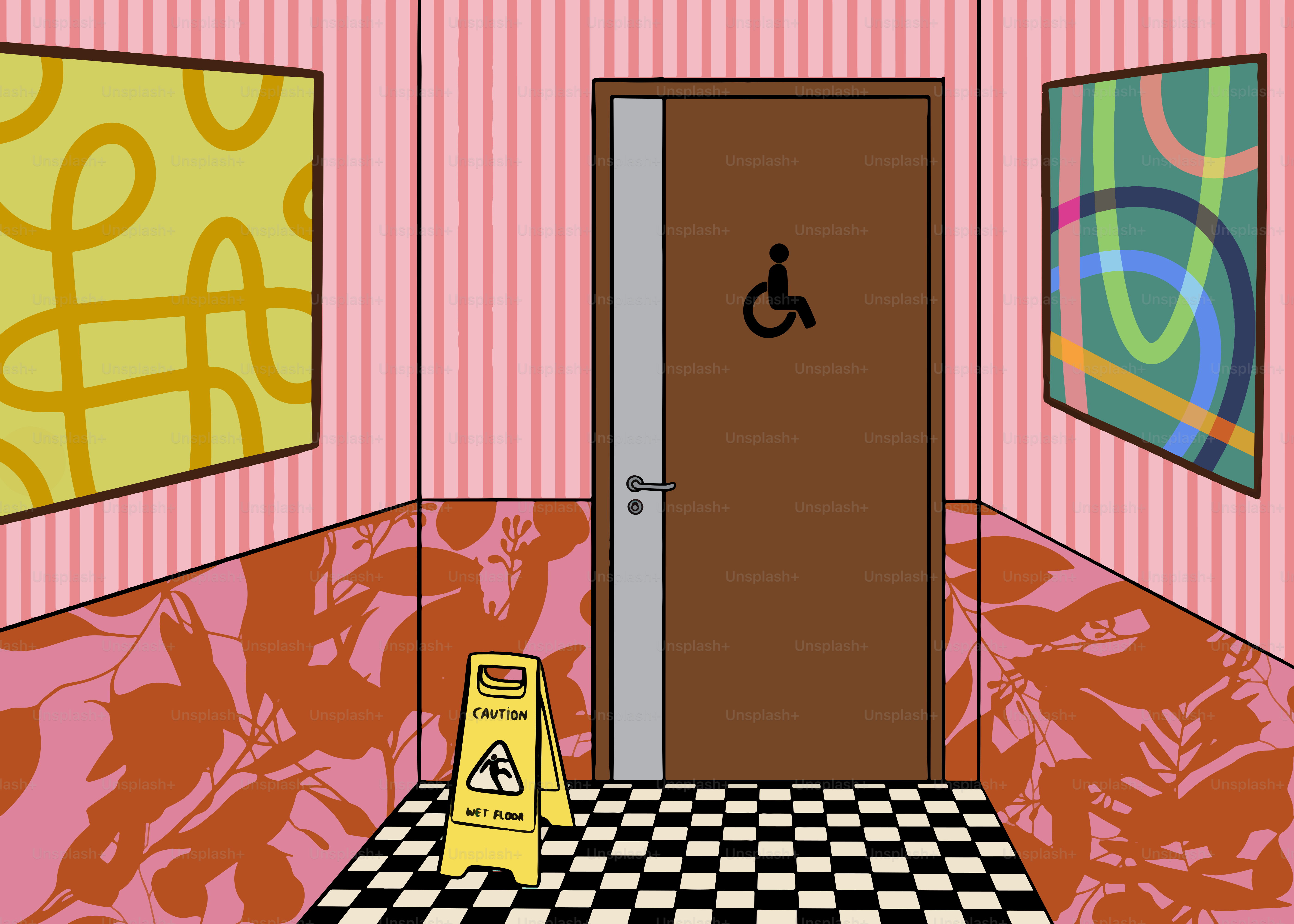 Hallway with a bathroom door and artwork.