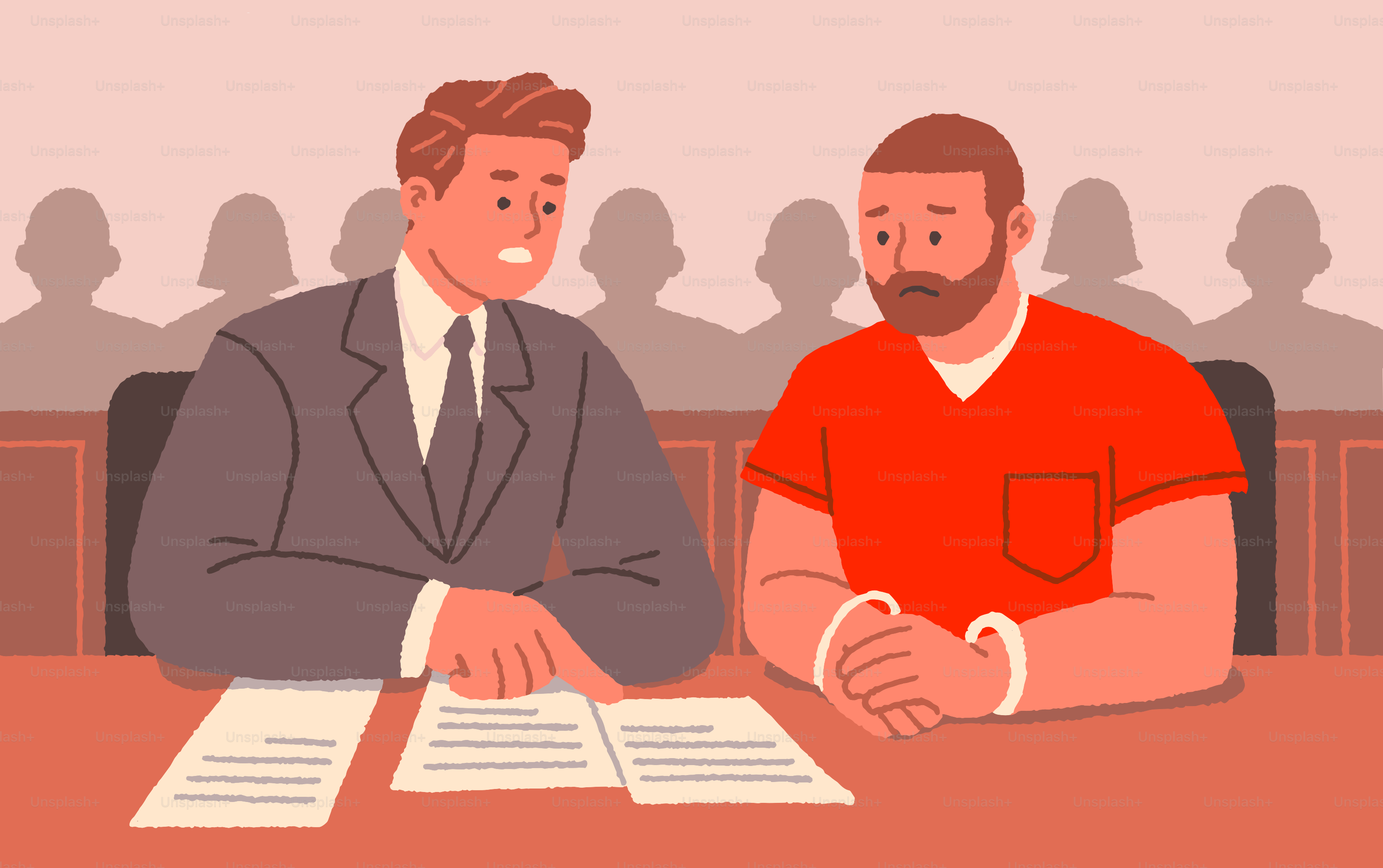 Un abogado habla con su cliente en la sala del tribunal.