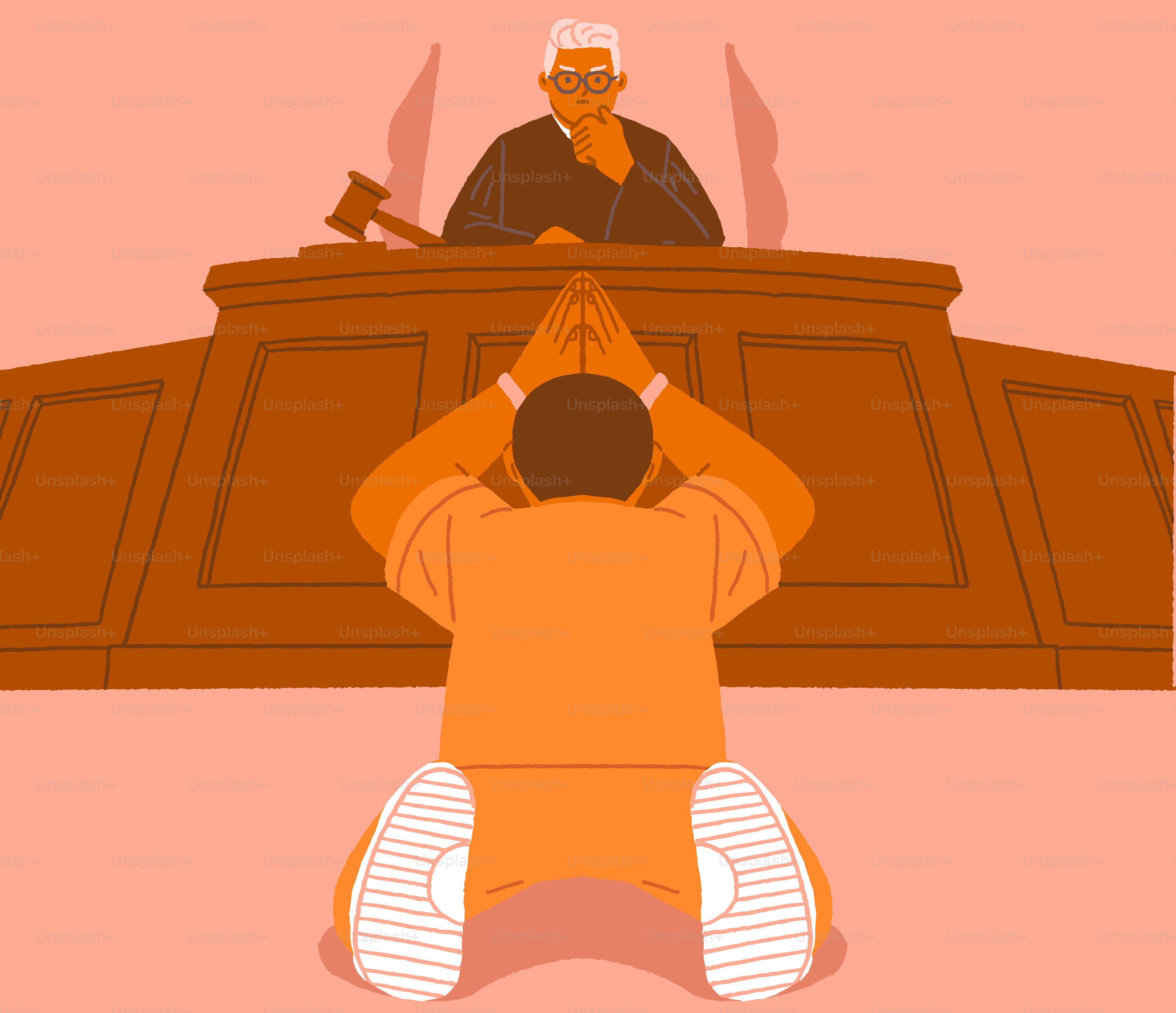 A prisoner kneels before a judge.