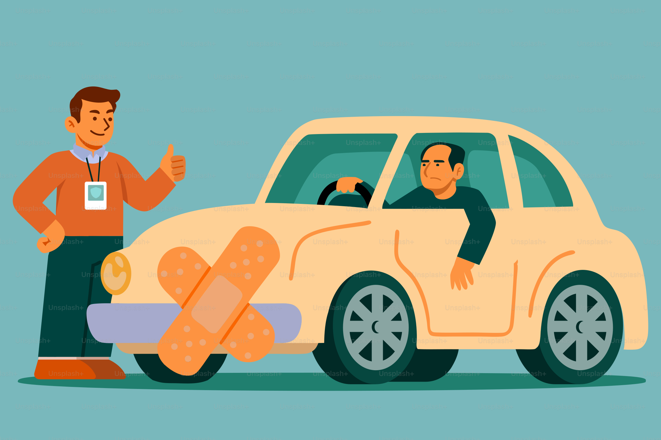 A person is fixing a car with band-aids.