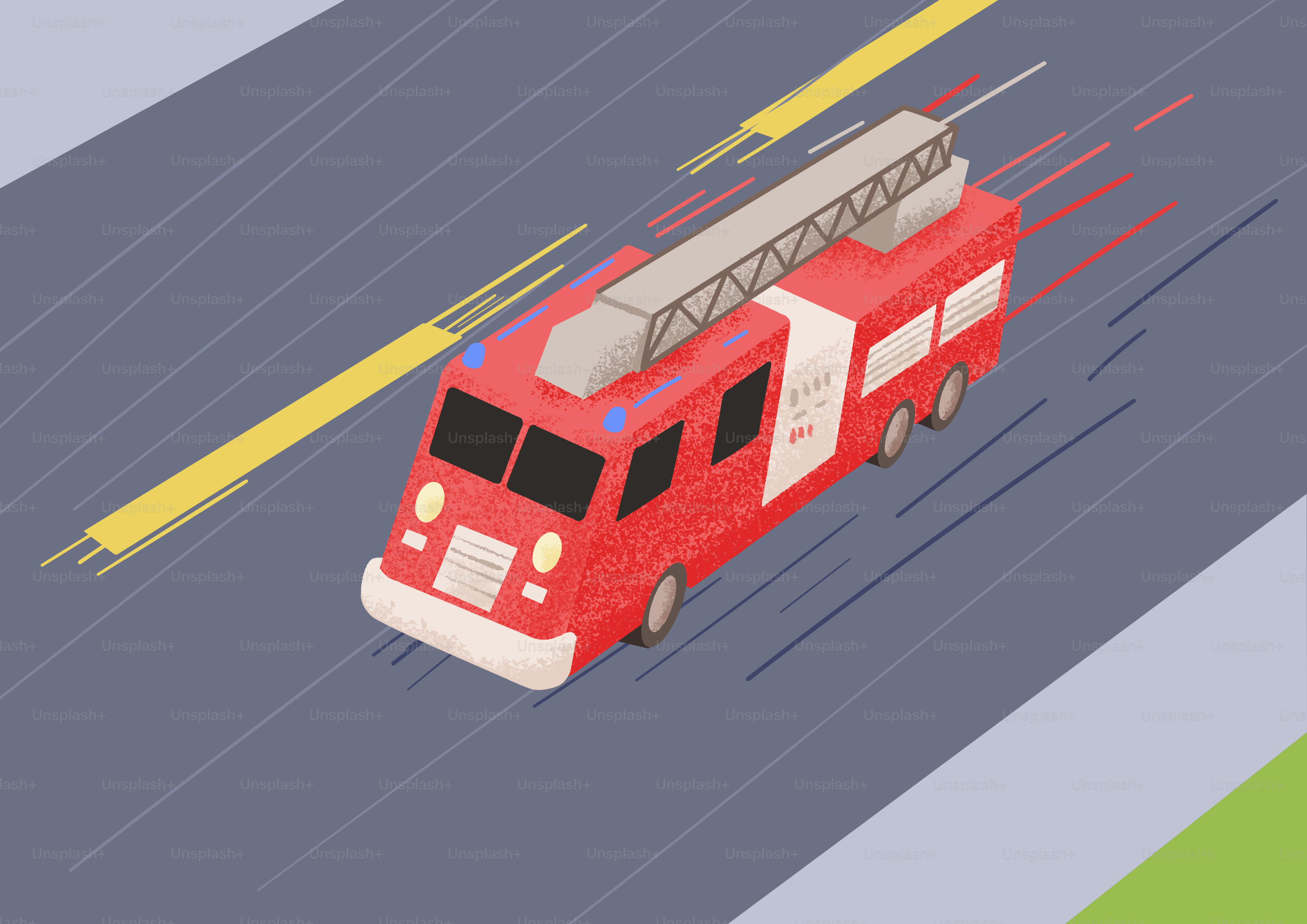 赤い消防車が道路を駆け下りてくる。