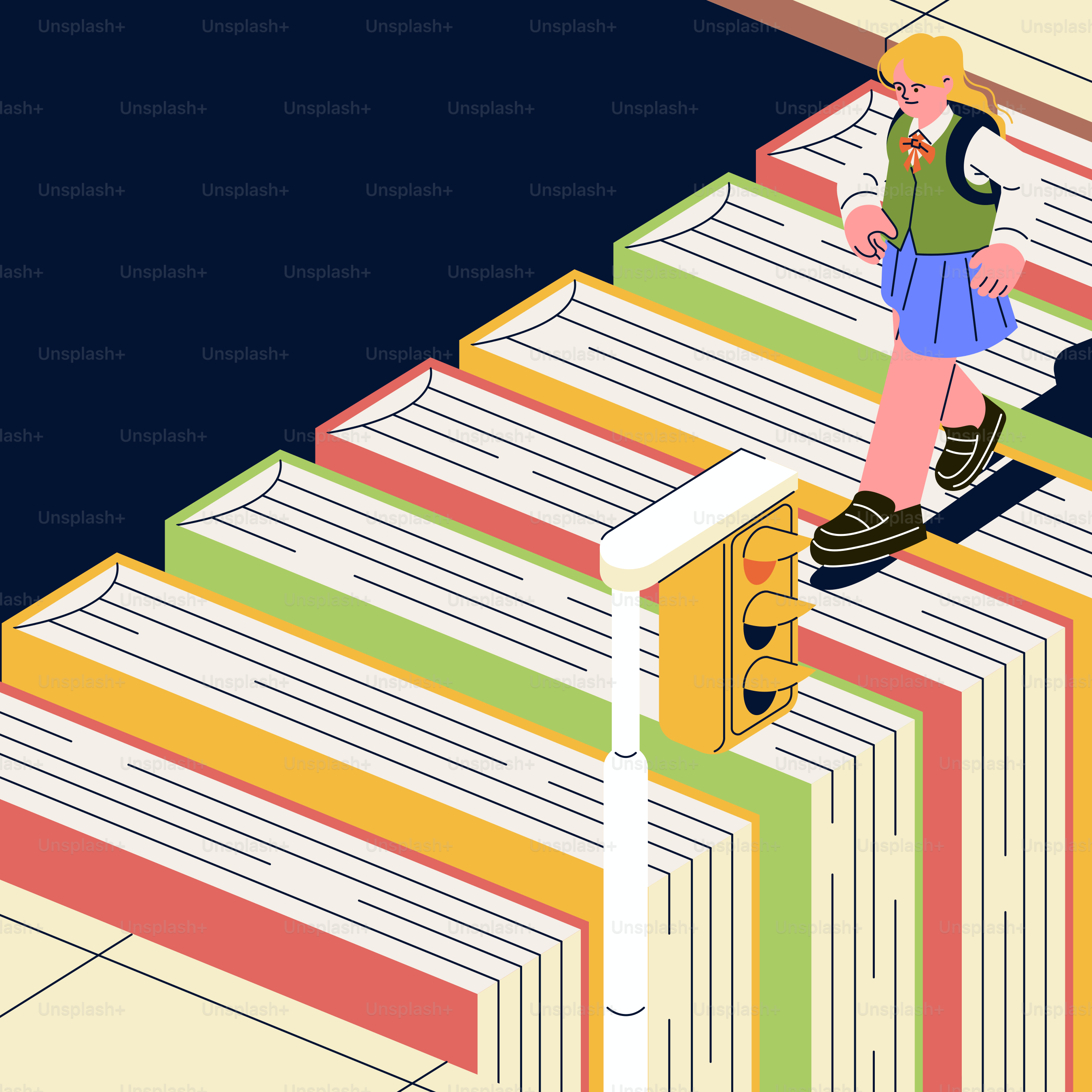 Student crosses a street made of books.