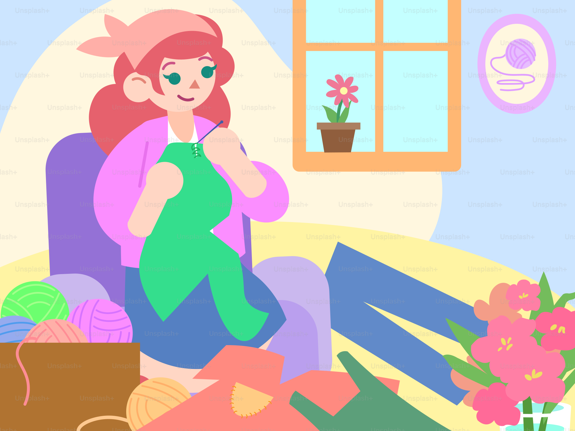 A woman is knitting indoors with yarn.