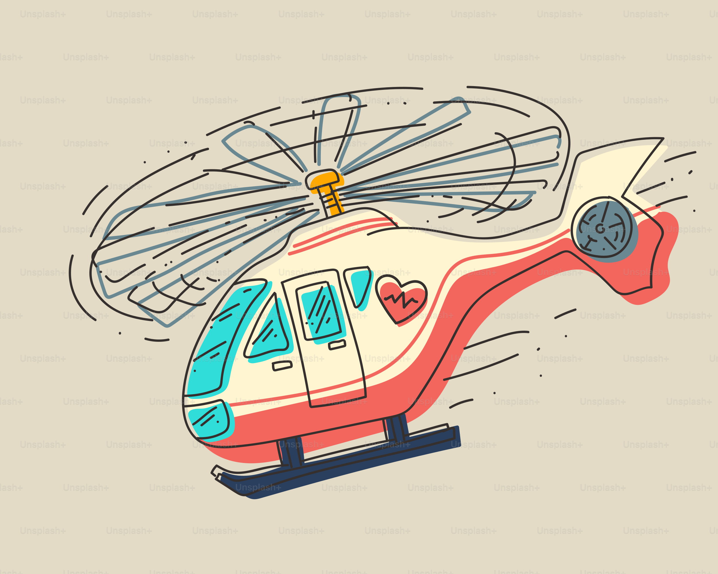 A helicopter with spinning blades is flying.