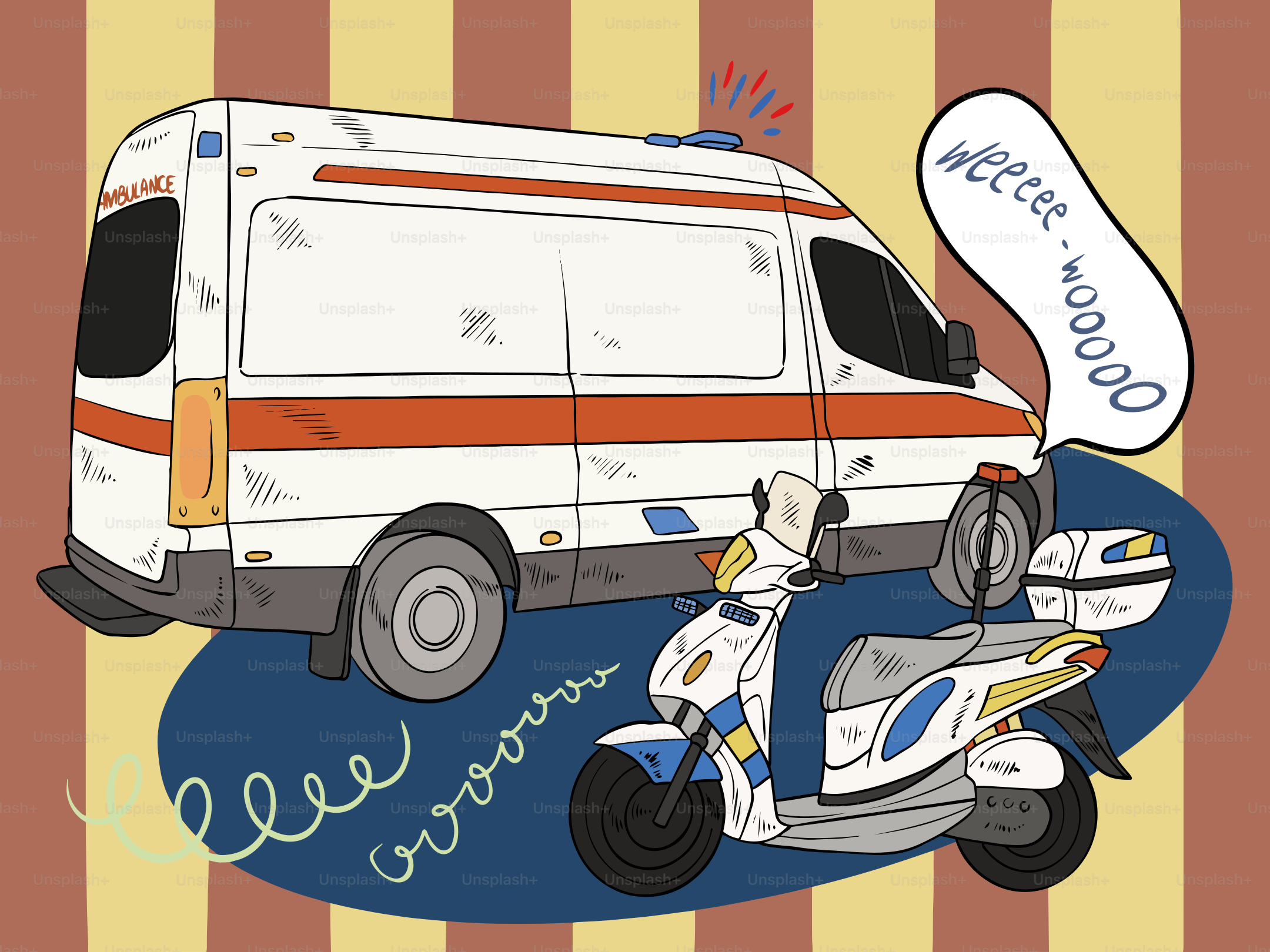 Ein Krankenwagen und ein Motorroller eilen zu einem Tatort.