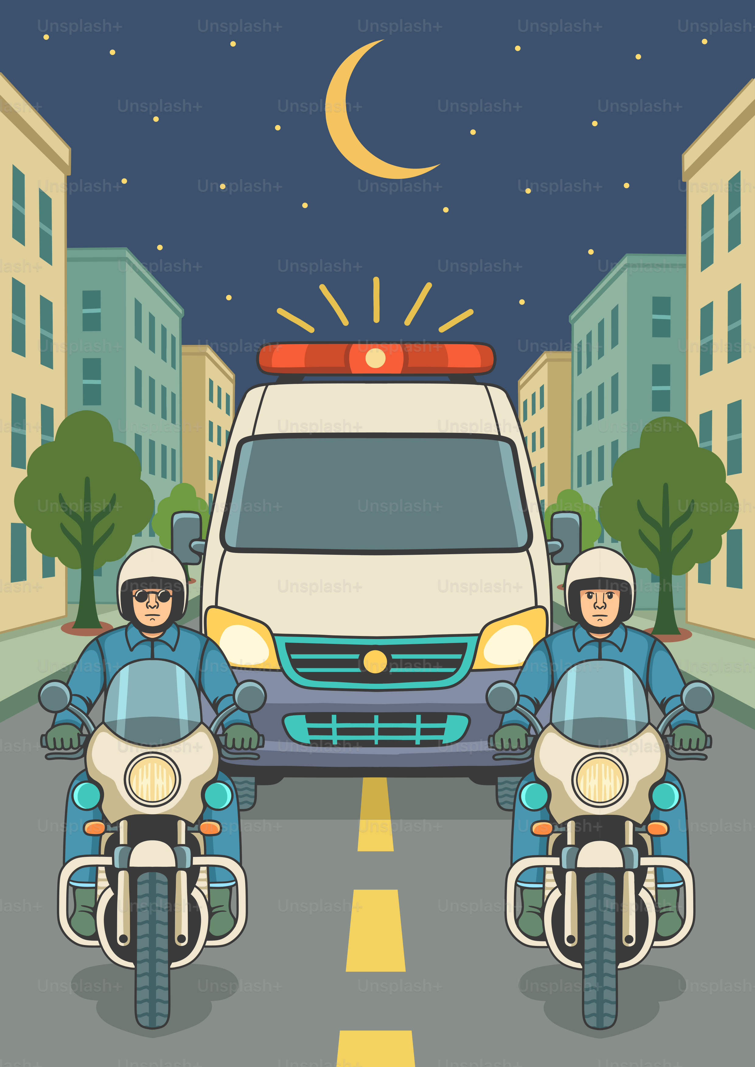 Die Polizei eskortiert nachts einen Lieferwagen.