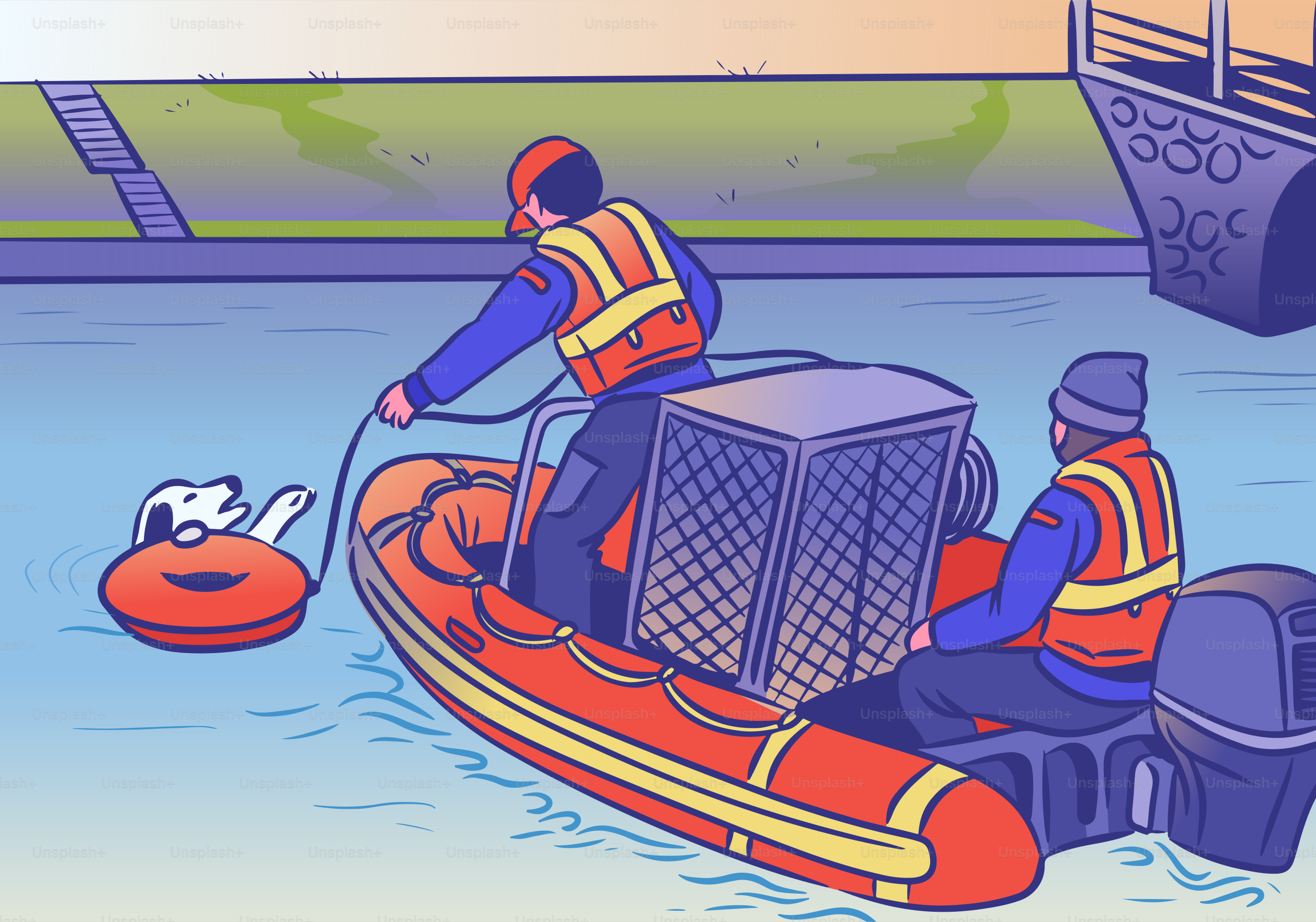 Rescuers help a dog in the water.